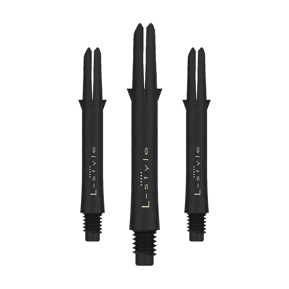 L-Style Carbon Shafts 260 Das Bild zeigt drei schwarze Dartschäfte aus Carbon der Marke L-style. Die Schäfte sind ohne Kappen und haben eine Länge von 39 mm.