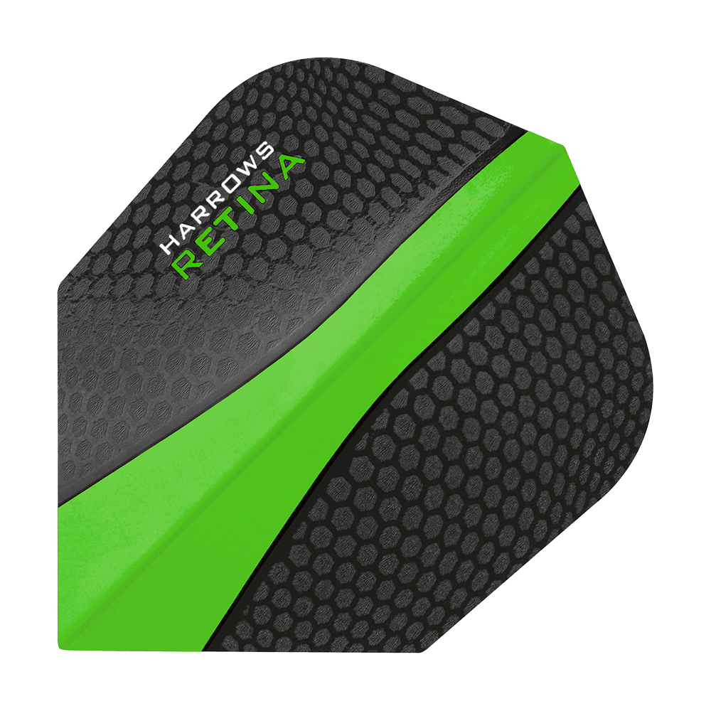 HR5508_Harrows_Retina_Gr-n_No2_Standard_Flights_1 Das Bild zeigt ein Harrows Retina Grün No6 Flight für Dartpfeile. Das Flight ist schwarz mit einer auffälligen grünen Linie und einem wabenförmigen Muster.