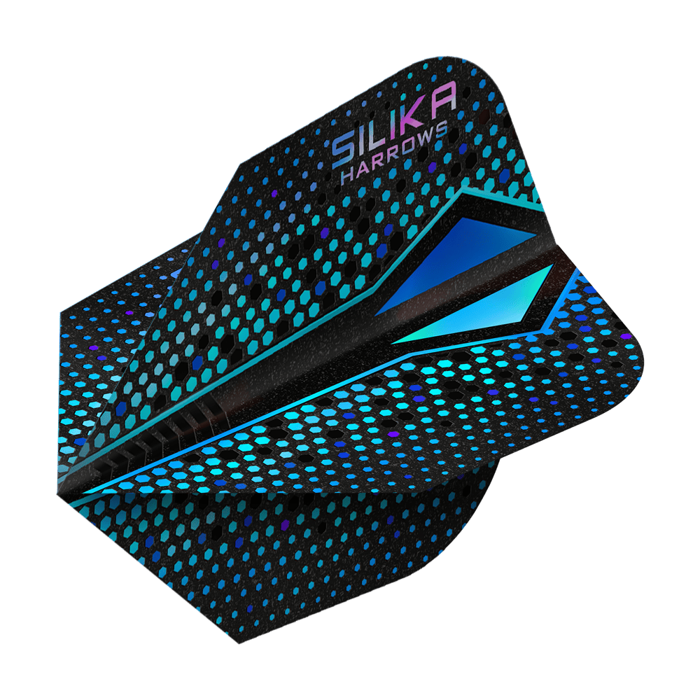 Plumas Harrows Silika Colorshift con revestimiento cristalino resistente Blue-X No6 Das Bild zeigt einen Harrows Silika Colourshift Tough Crystalline Coating Blue-X No6 Flight. Das Dart-Flight hat ein schwarzes Design mit blauen und türkisfarbenen Punkten und geometrischen Mustern.