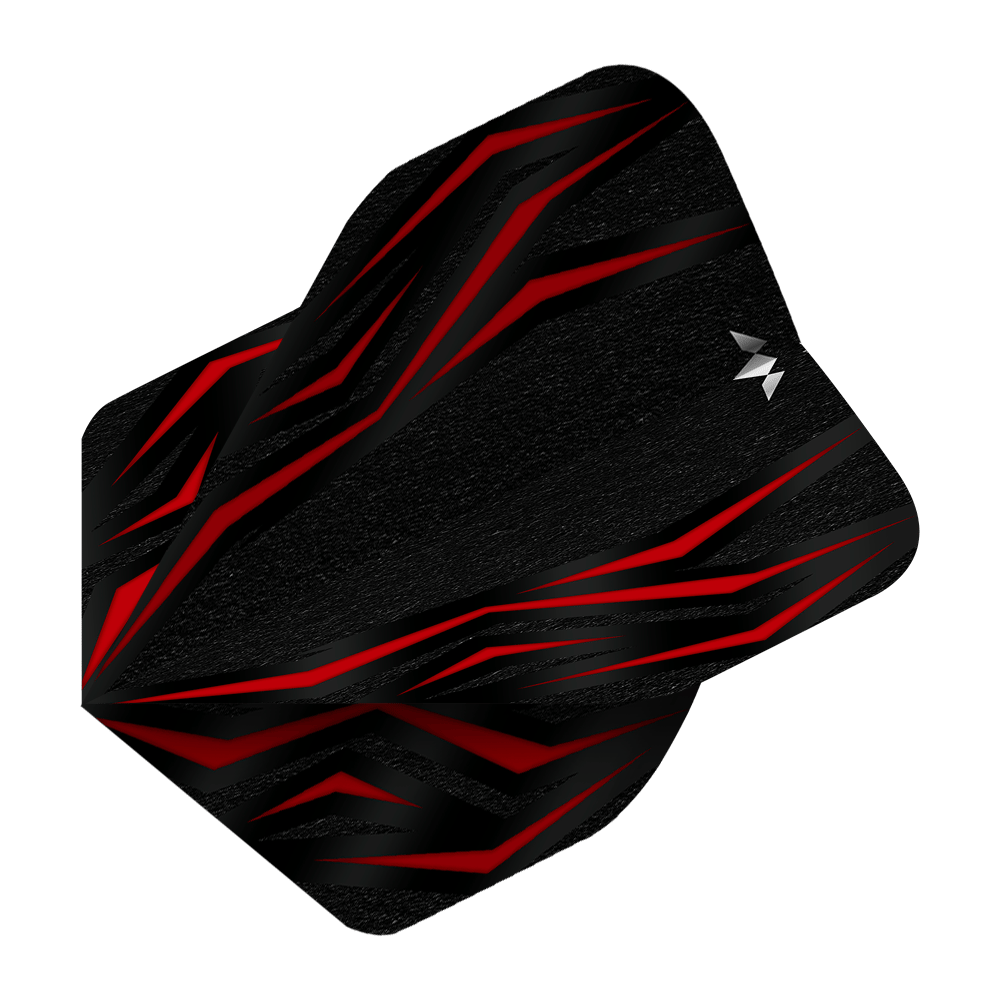 Voli standard Mission Lava Red No2 Das Bild zeigt einen Mission Lava Red No2 Standard Flight für Darts. Das Design ist überwiegend schwarz mit auffälligen roten Linien und einem kleinen weißen Logo.