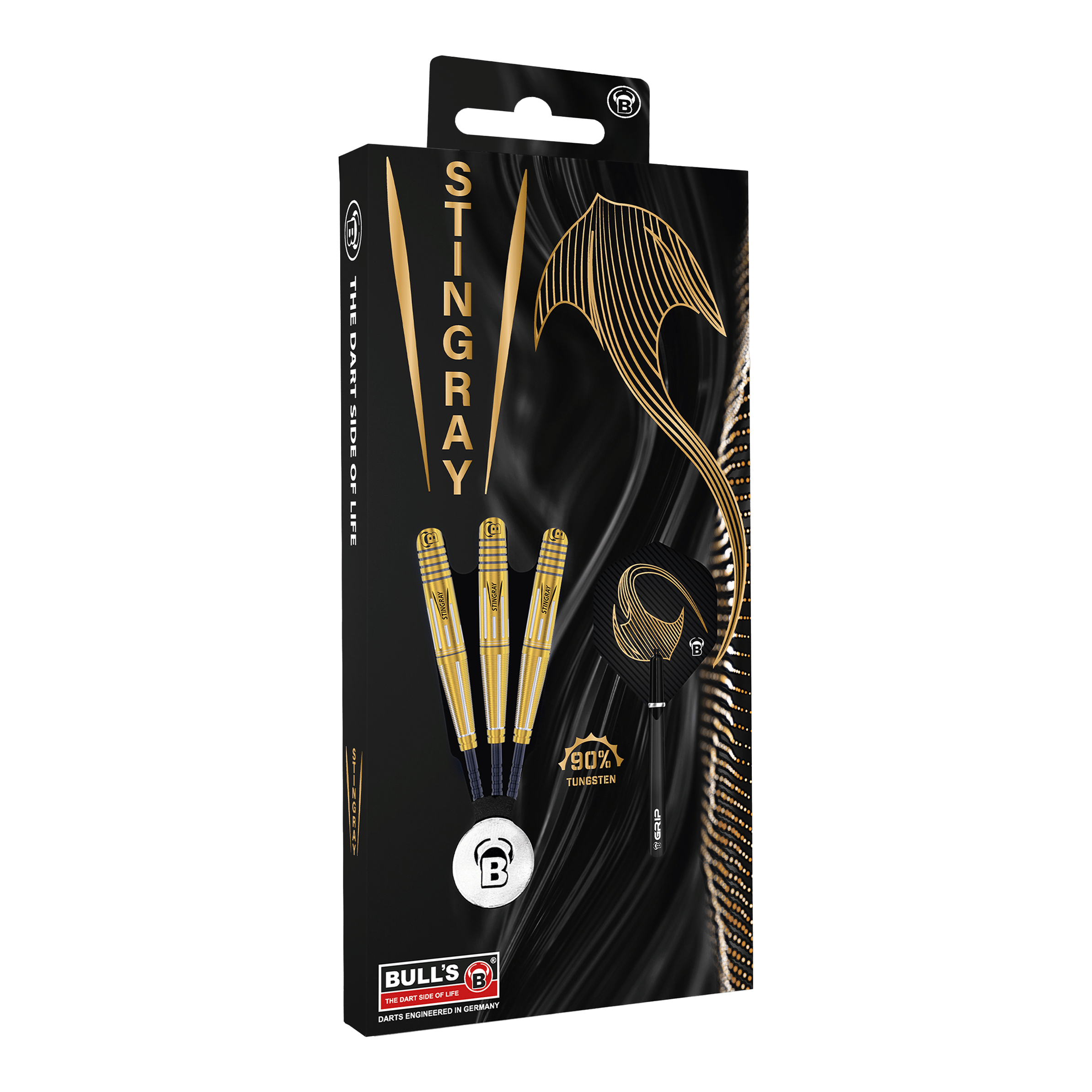 Bulls Stingray ST4 Steeldarts Die Abbildung zeigt die Verpackung der "Bulls Stingray ST4 Steeldarts". Auf der schwarzen Verpackung sind drei goldfarbene Darts sowie ein stilisierter Stachelrochen und Schriftzüge in Gold zu sehen.