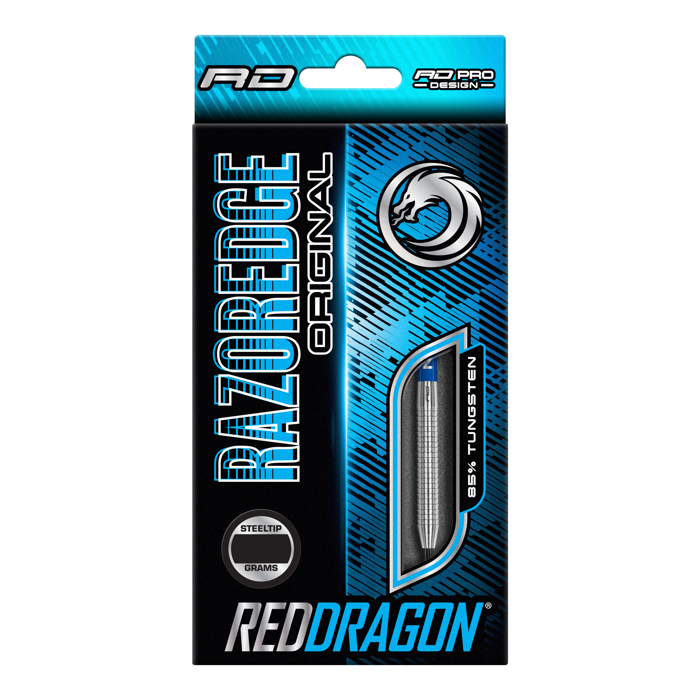 Red Dragon Razor Edge Original Steeldarts Die Verpackung zeigt die "Red Dragon Razor Edge Original Steeldarts" mit einem Gewicht von 24 Gramm. Das Design ist blau-schwarz und hebt hervor, dass die Darts aus 95 % Tungsten bestehen.