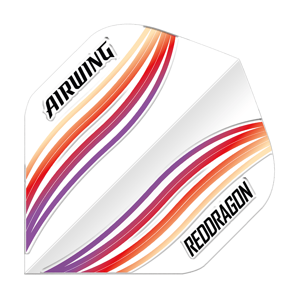 Standardní lety Red Dragon Airwing Red Wave Das Bild zeigt ein Dartflight mit dem Namen „Red Dragon Airwing Red Wave Standard Flights“. Das Flight ist weiß mit roten, orangenen und lilafarbenen Wellenstreifen sowie den Aufschriften „AIRWING“ und „RED DRAGON“.