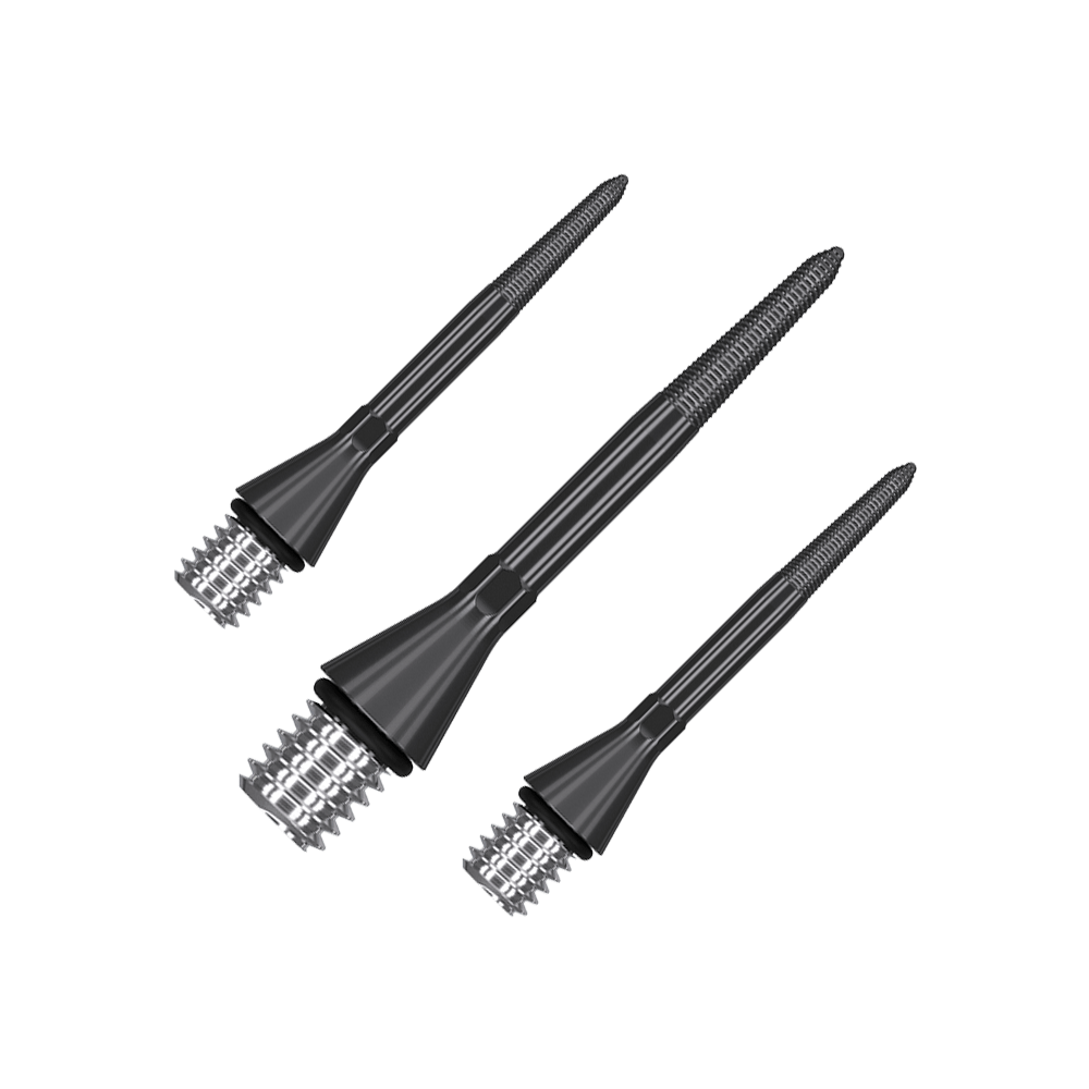 380160_Target_Titanium_Swiss_Point_Nano_Conversion_Points_Schwarz_26mm_1 Dartspitzen-Set mit glatter, metallischer Oberfläche. Die Spitzen liegen symmetrisch nebeneinander.
