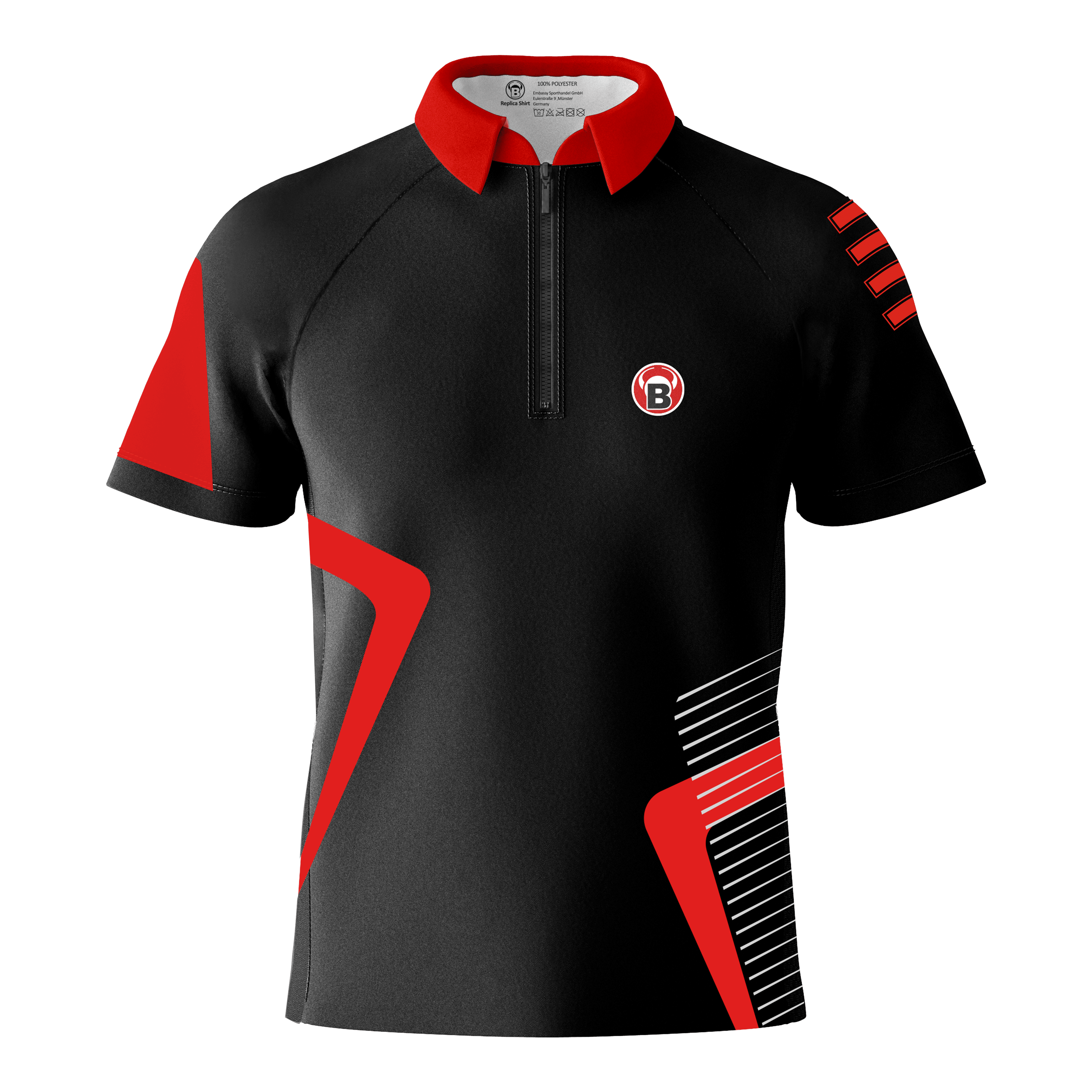 Bulls Team Dartshirt - Rot Das Bild zeigt ein schwarzes Dartshirt mit roten und weißen Akzenten. Auf der linken Brust befindet sich ein rundes Logo mit einem "B".