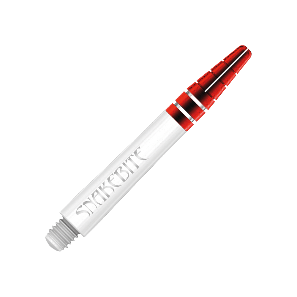 C803_Red_Dragon_Nitrotech_Peter_Wright_White_Red_Shafts_39mm_2 Das Bild zeigt einen roten Dart-Schaft von Red Dragon mit der Aufschrift "Snakebite". Der Schaft ist teils transparent, teils rot gefärbt und misst 39 mm.