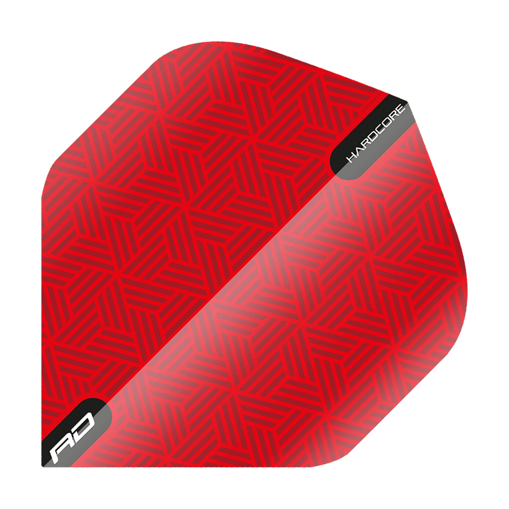 TF6425_Red_Dragon_Hardcore_Red_Standard_Flights_1oOJCzW2hg2PI1 Das Bild zeigt ein rotes Dartflight mit einem geometrischen Muster. In der Ecke steht "HARDCORE" und unten ist das "RD" Logo zu sehen.