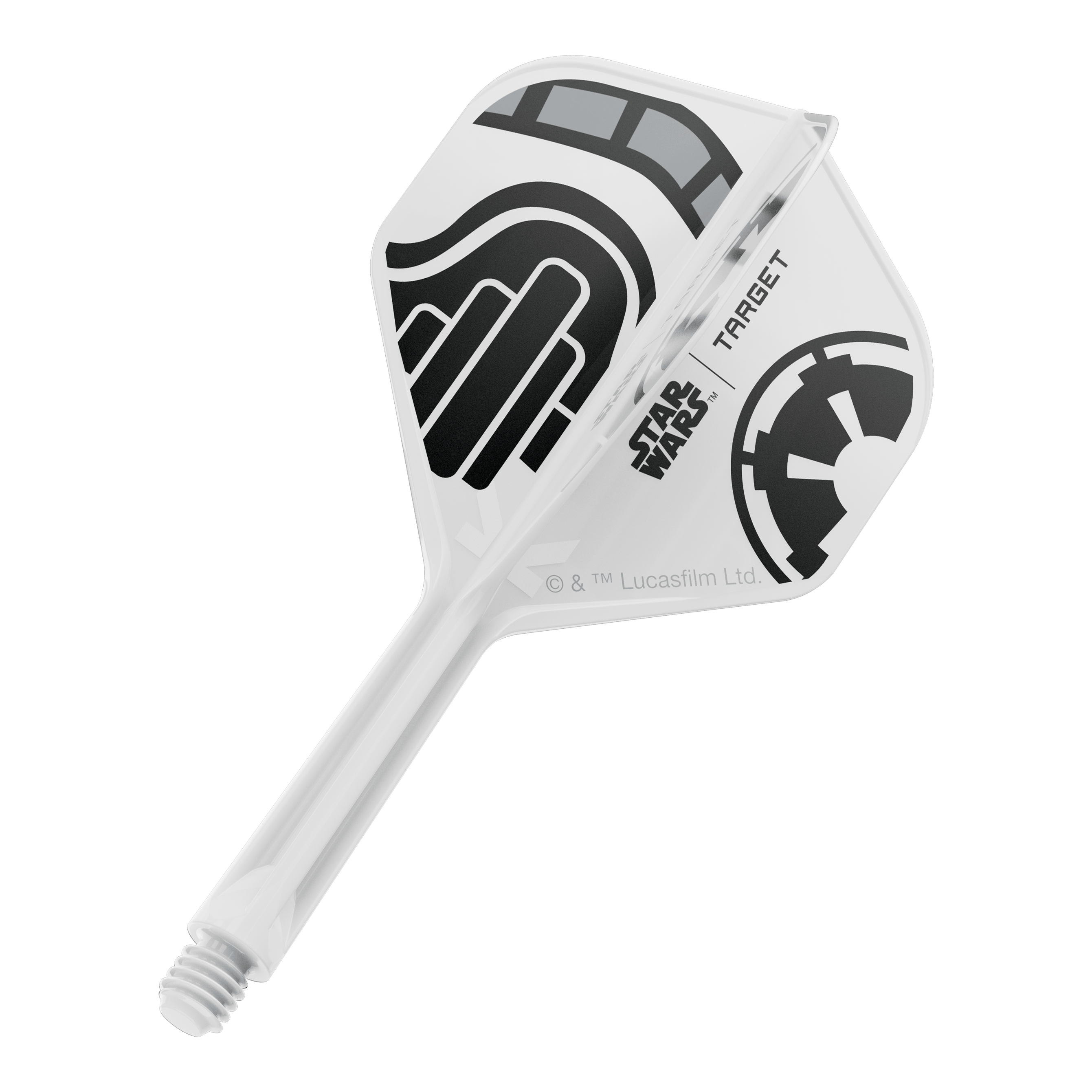 Cel Star Wars K-Flex Stormtrooper No2 Standard Flights Das Bild zeigt einen einzelnen Dart-Flight aus der Star Wars KFlex Stormtrooper Serie. Der Flight ist in der Standardgröße und hat eine Länge von 26 mm.