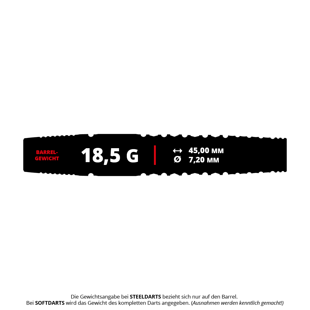 Das Produkt "Target Japan Black Marque Warrior Softdarts" wiegt 18,5 Gramm. Der Barrel ist 45,00 mm lang und hat einen Durchmesser von 7,20 mm.
