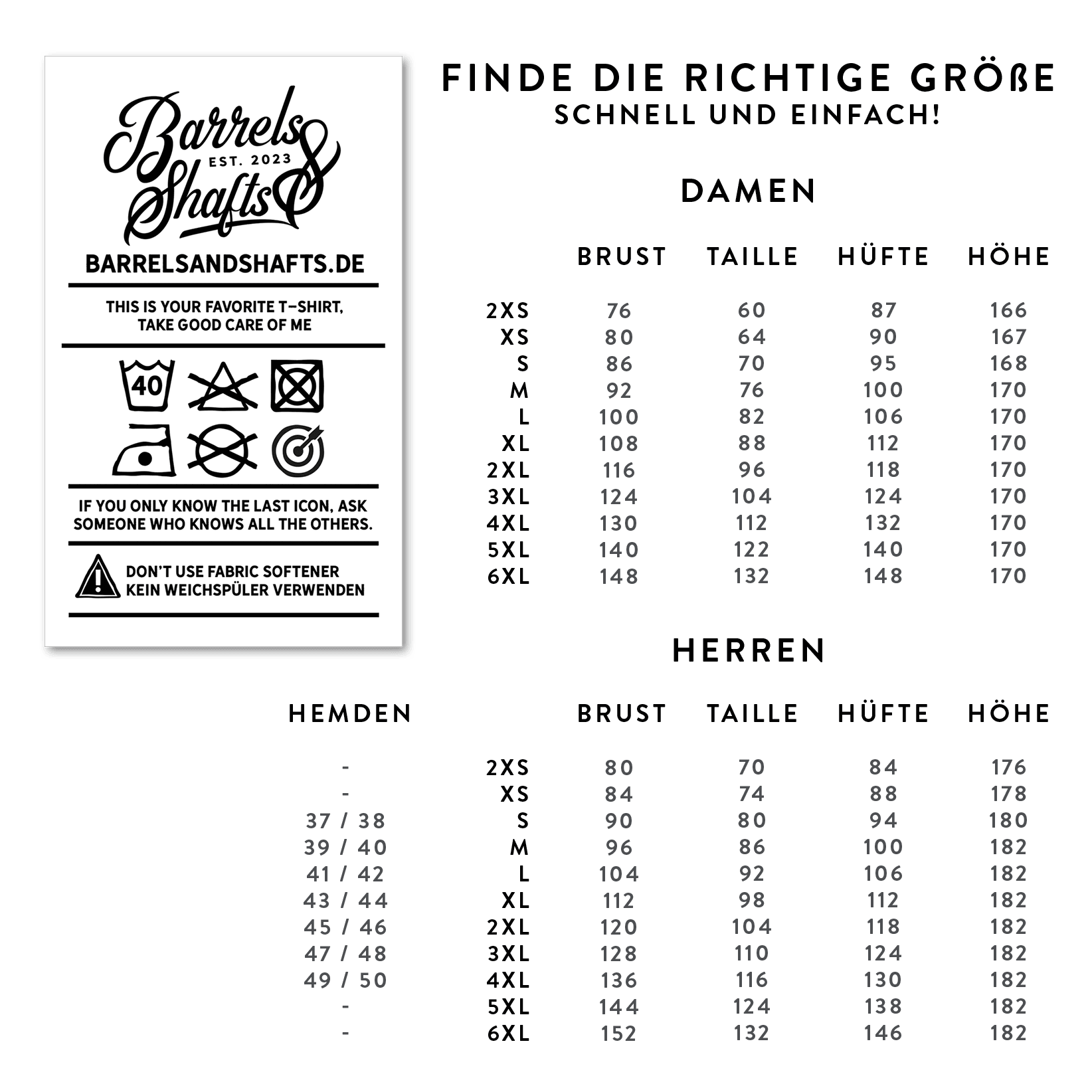 Tričko Barrels and Shafts - Černé Das Bild zeigt eine Größentabelle für das "Barrels and Shafts T-Shirt - Schwarz" für Damen und Herren. Auf der linken Seite sind außerdem Pflegehinweise für das T-Shirt abgebildet.
