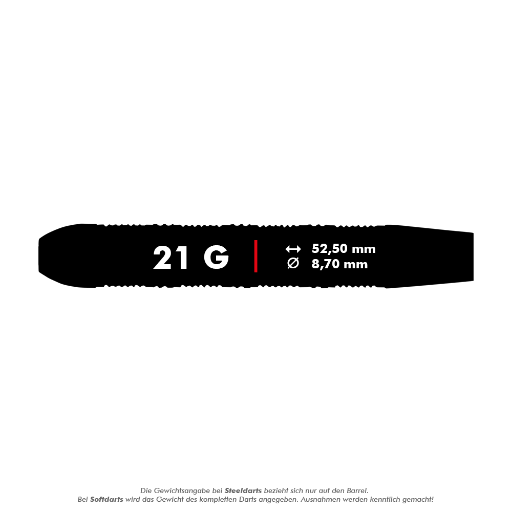 Steeldarts Unicorn Top Brass V3 - 21g Das Bild zeigt die Produktinformationen für die Unicorn Top Brass V3 Steeldarts mit einem Gewicht von 21 Gramm. Die Darts haben eine Länge von 52,50 mm und einen Durchmesser von 8,70 mm.