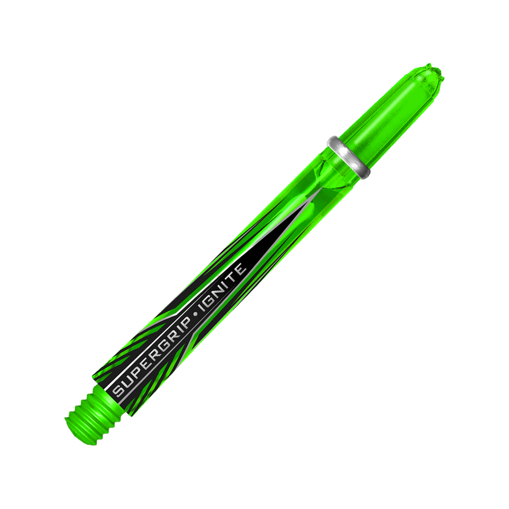 HR391_Harrows_Supergrip_Ignite_Shafts_Gr-n_47mm_2 Das Bild zeigt einen grünen Harrows Supergrip Ignite Shaft für Dartpfeile. Auf dem Schaft steht der Schriftzug "SUPERGRIP IGNITE".