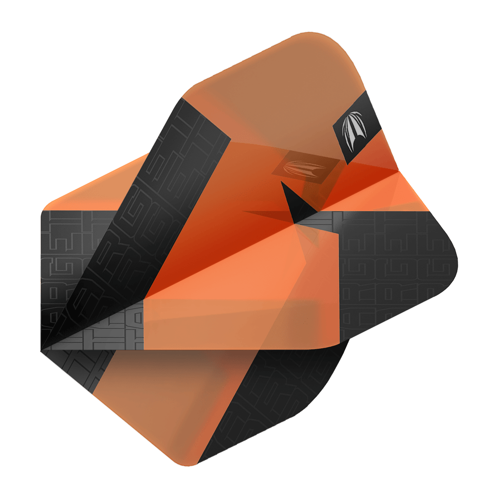 Standardní letky Target Pro Ultra TAG Orange No2 - 3 sady Das Bild zeigt orangefarbene und schwarze Dart-Flights mit einem modernen Design. Es handelt sich um das Produkt "Target Pro Ultra TAG Orange No2 Standard Flights - 3 Sets".