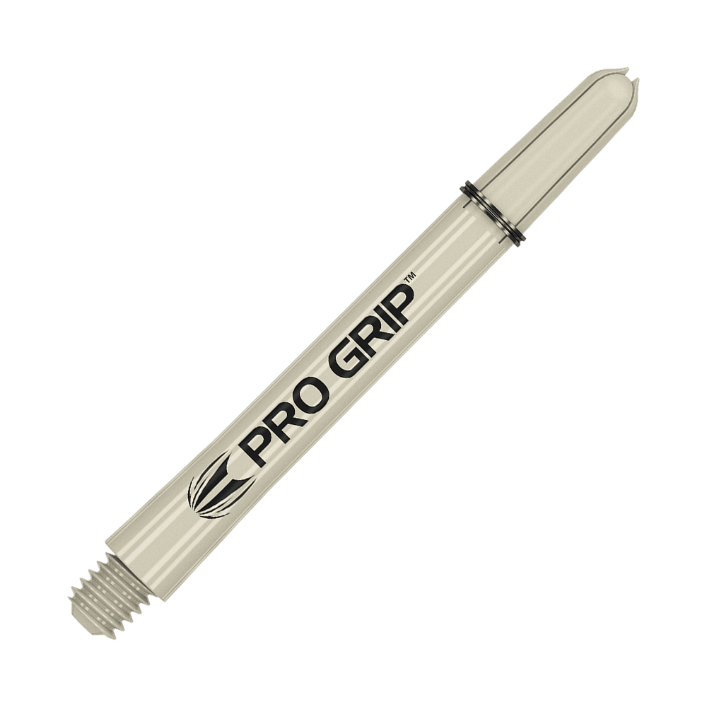 Auf dem Bild ist ein beiger Dart-Schaft mit der Aufschrift "PRO GRIP" zu sehen. Der Schaft hat ein Schraubgewinde an einem Ende und einen Schlitz für Flights am anderen Ende.