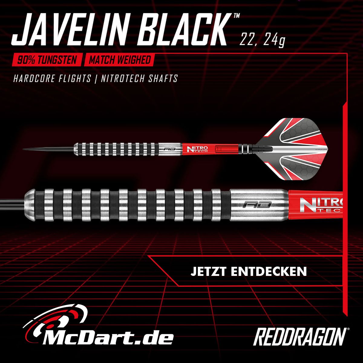 RD2140_Red_Dragon_Javelin_Black_Steeldarts_admedia Das Bild zeigt die schwarzen Steeldarts "Javelin Black" von Red Dragon. Sie bestehen zu 90% aus Wolfram und sind in den Gewichten 22g und 24g erhältlich.