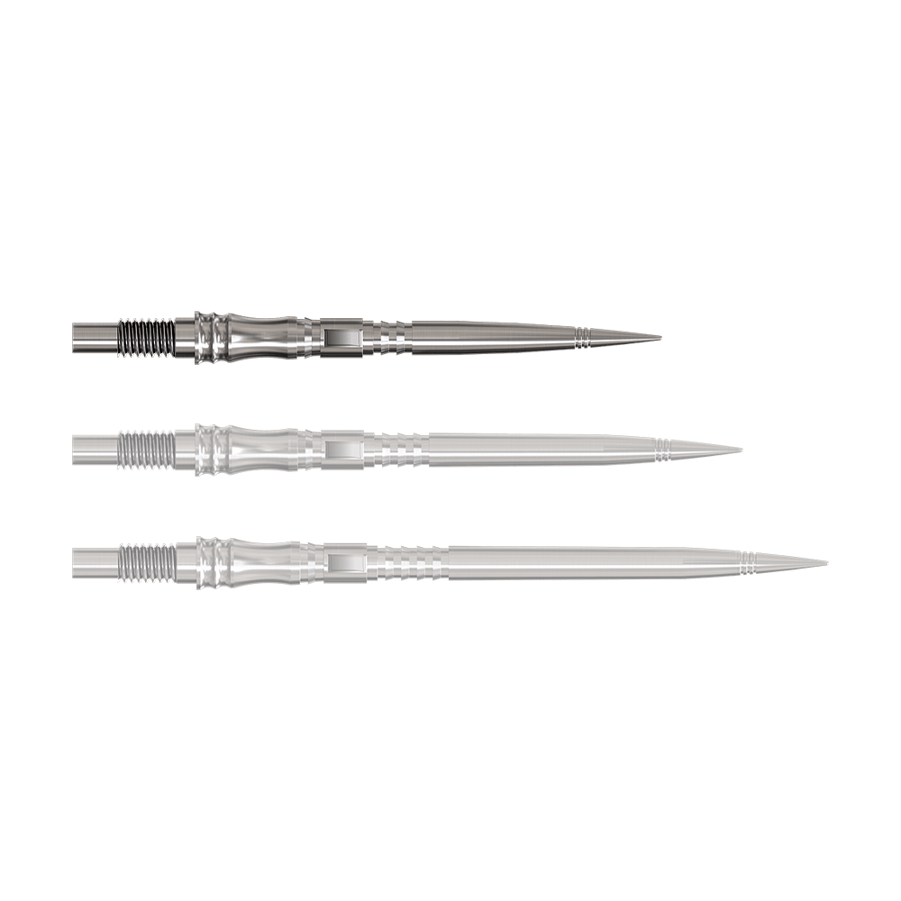 Abgebildet ist eine silberne Dartspitze der Elite Series. Das Produkt liegt auf hellem Hintergrund.