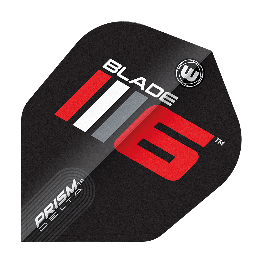 Letky Winmau Prism Delta Blade 6 č. 6 Das Bild zeigt ein Dartflight mit dem Aufdruck "Blade 6" in auffälligen Farben. Unten links steht "Prism Delta" und das Design ist modern und sportlich.