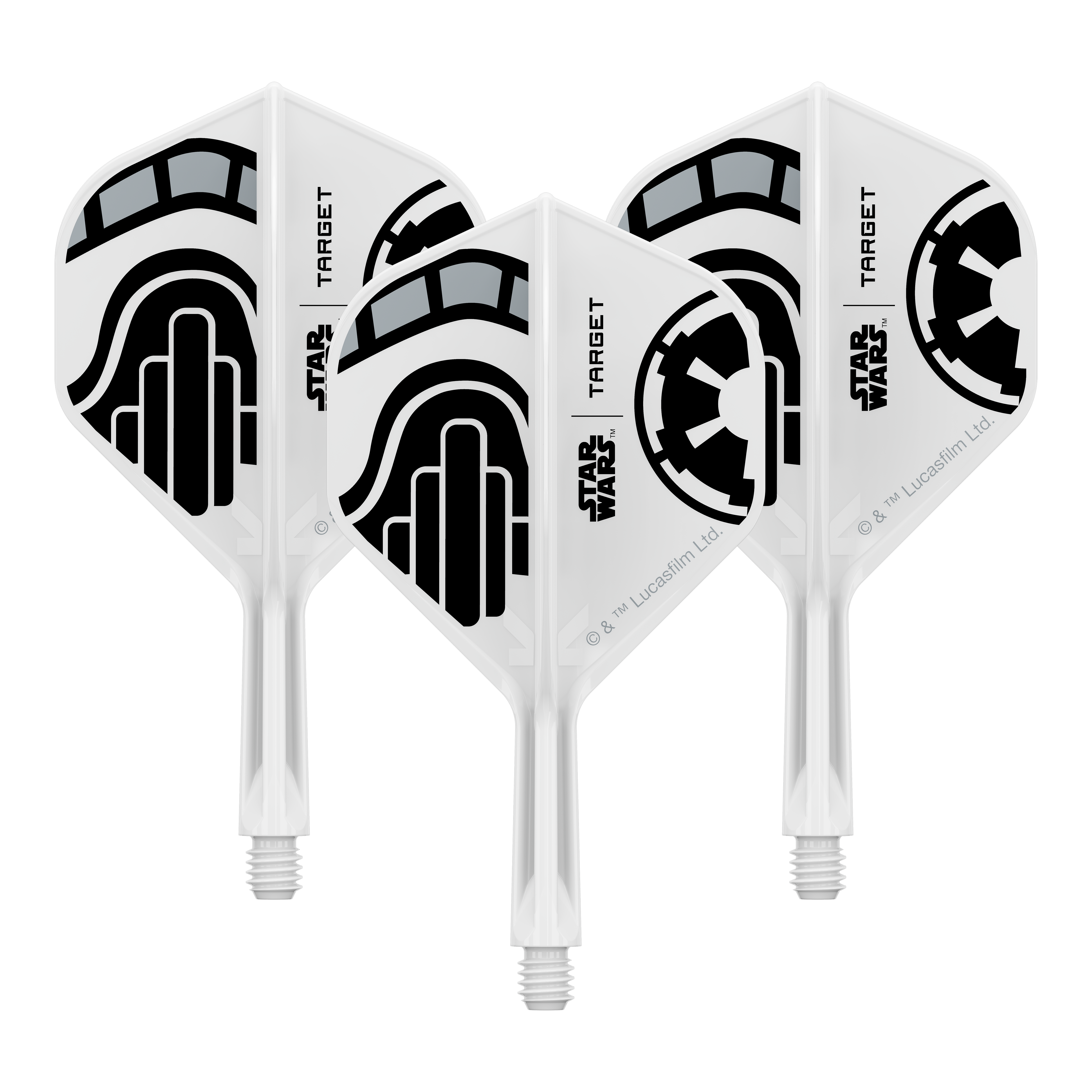 Abgebildet ist ein Set kurzer Dartflügel mit dem Namen 'Stormtrooper No2 Standard Flights Short 19mm 1Set'. Das Produkt eignet sich für Dartspieler, die besondere Designs mögen.