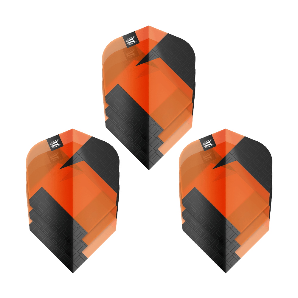 Target Pro Ultra TAG Orange Ten-X Standard Flights - 3 sets Das Bild zeigt drei Sets von Target Pro Ultra TAG Orange Ten-X Standard Flights. Die Flights sind orange und schwarz gestaltet und haben ein modernes, geometrisches Muster.