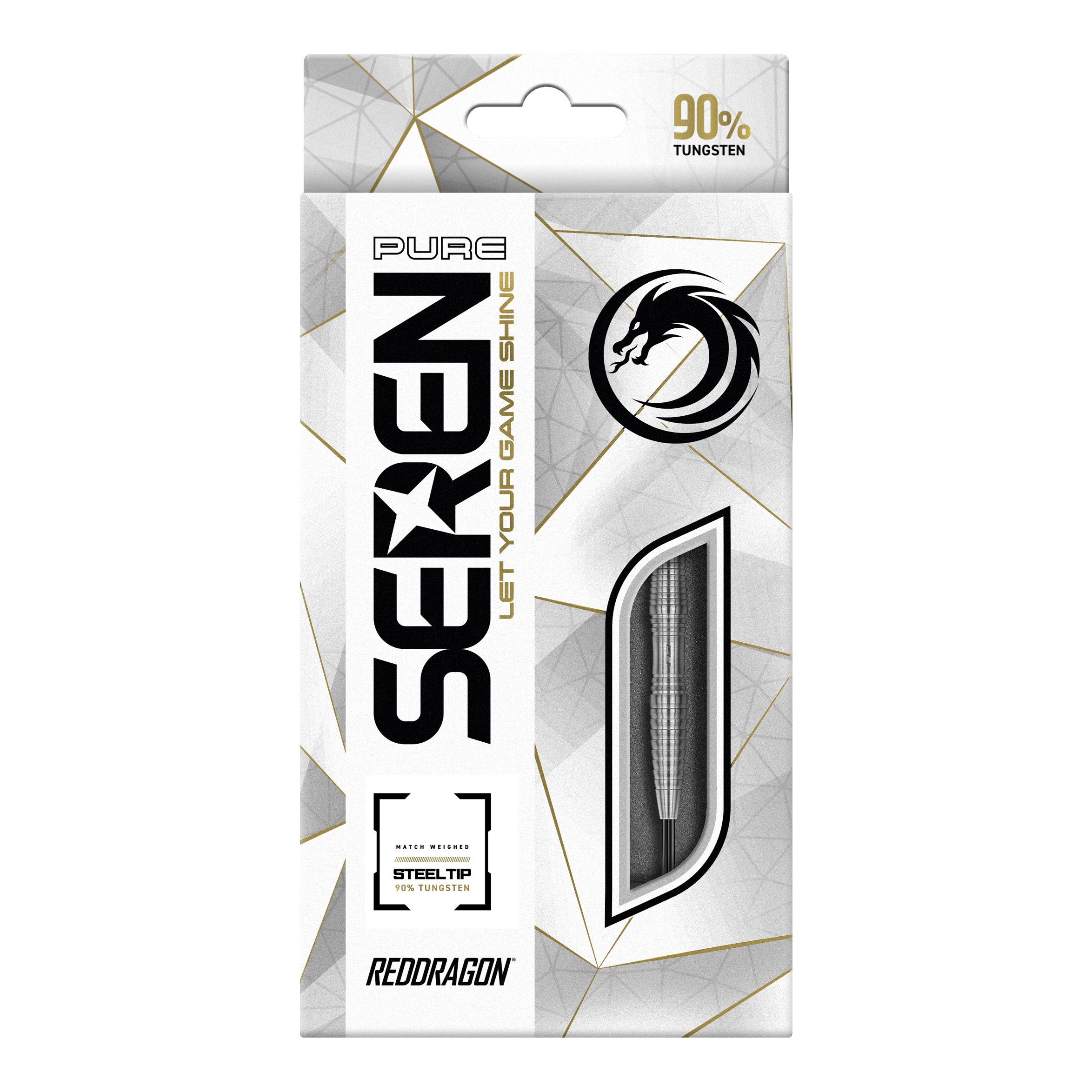 Red Dragon Seren 3 Pure Steeldarts Die Abbildung zeigt die Verpackung der "Red Dragon Seren 3 Pure Steeldarts". Auf der Verpackung steht, dass die Darts aus 90% Tungsten bestehen.
