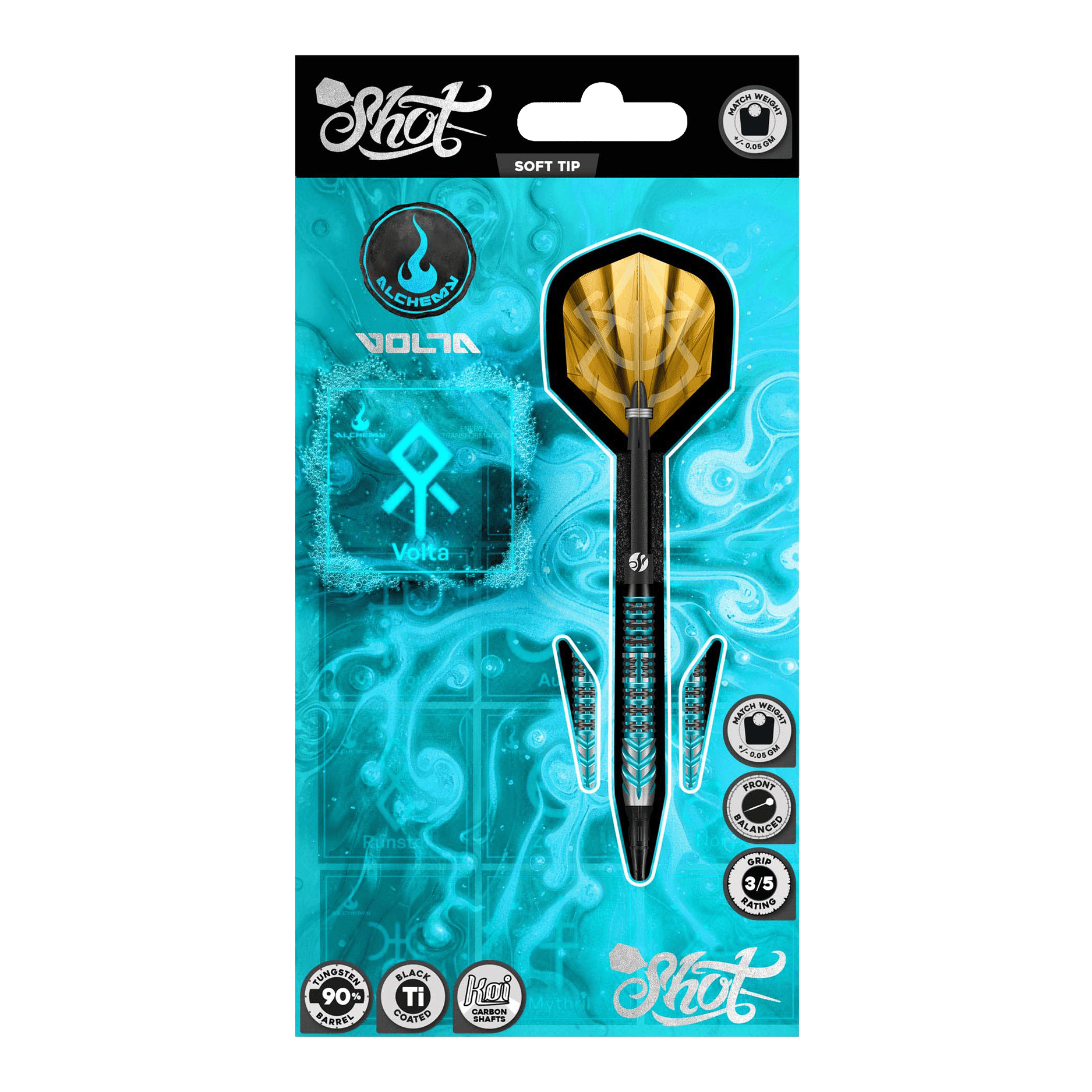 Měkké šipky Shot Alchemy Volta - 20g Abgebildet sind die Shot Alchemy Volta Softdarts - 20g aus einer detaillierten Ansicht. Diese Softdarts eignen sich gut für das Dartspiel.