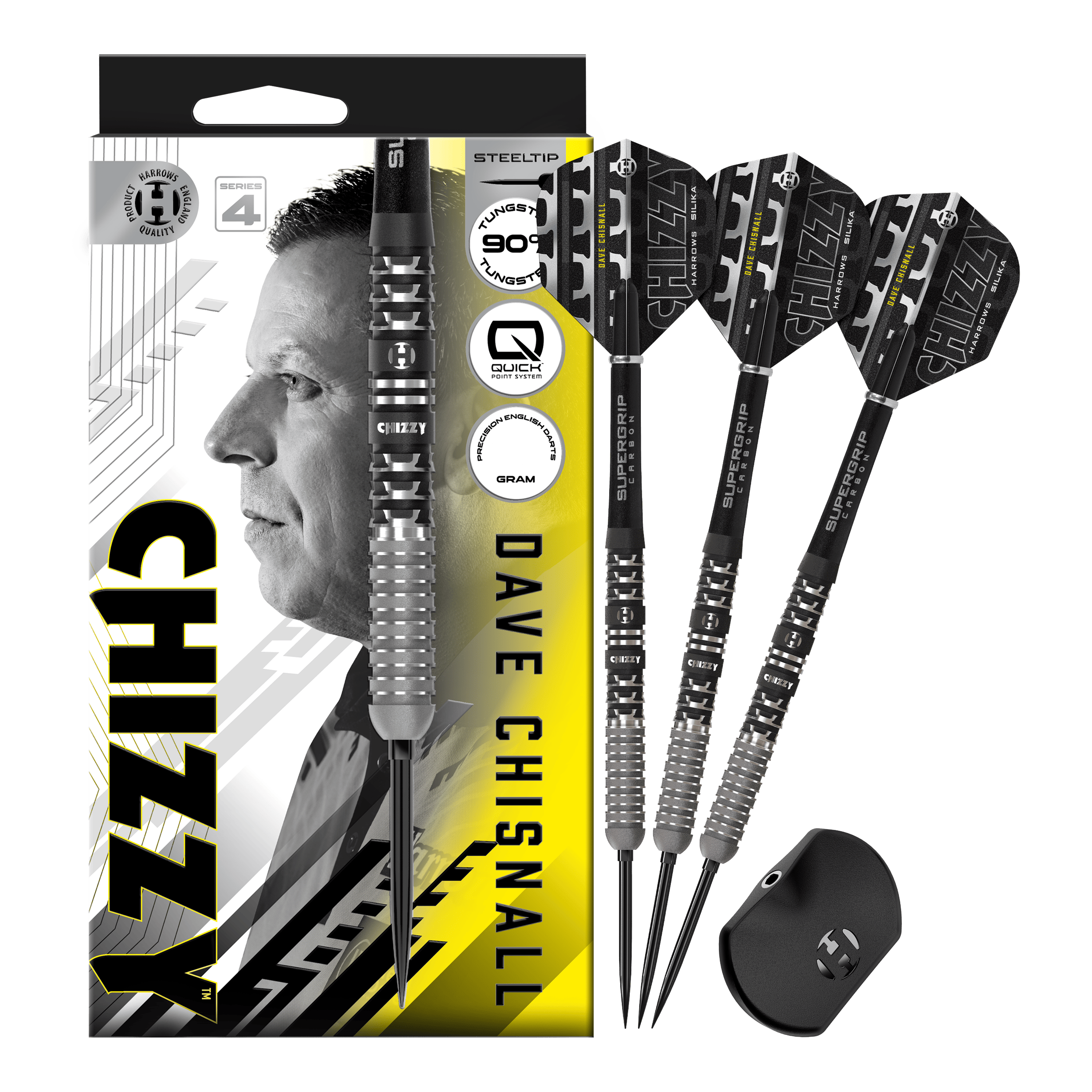 Abgebildet sind die Harrows Dave Chisnall Chizzy Series 4 Quick Point Steeldarts in der Vollansicht. Diese Steeldarts bieten hohe Qualität und ein ansprechendes Design.