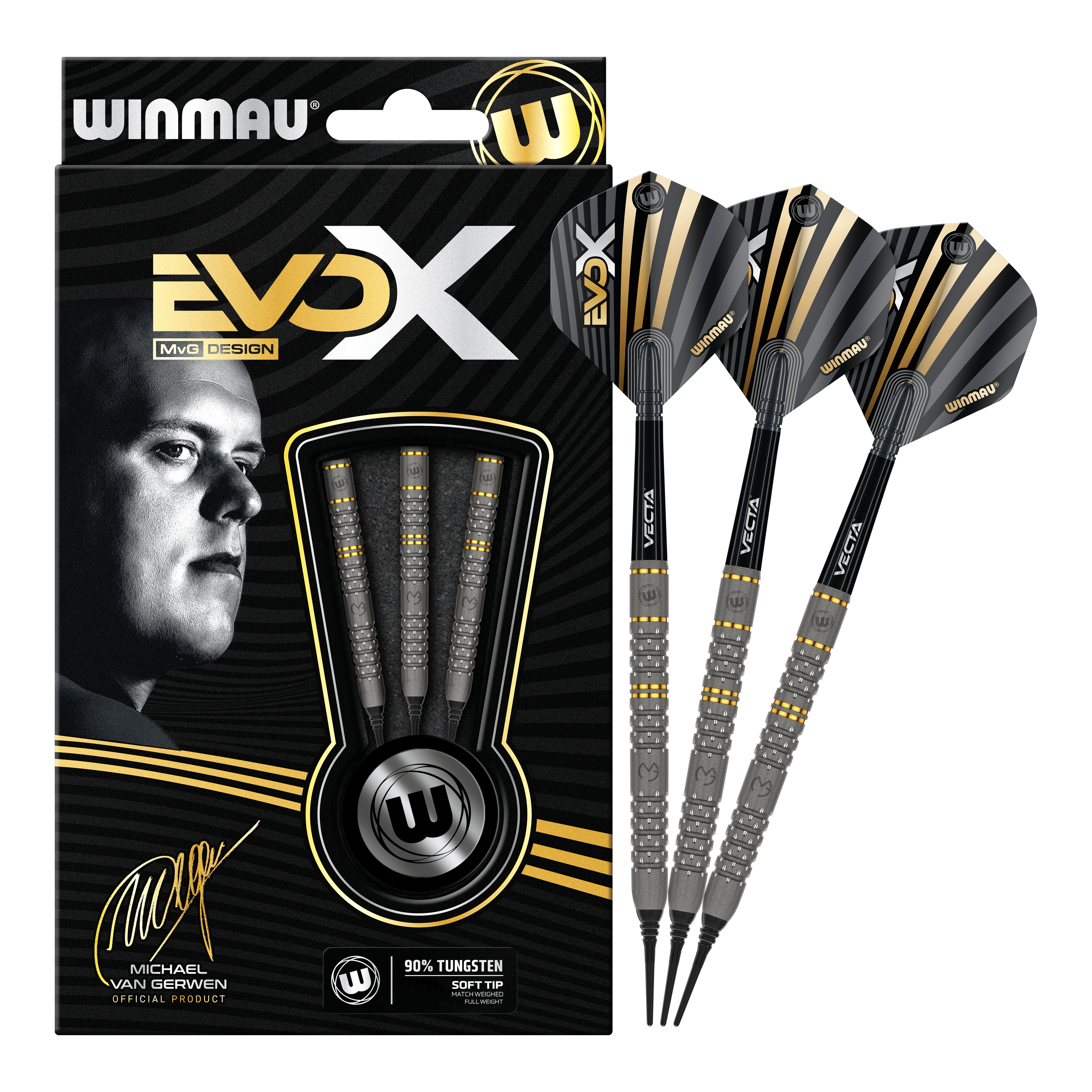 Winmau Michael Van Gerwen Evo-X Softdarts - 20g Das Bild zeigt das Produkt "Winmau Michael Van Gerwen Evo-X Softdarts - 20g" in seiner Verpackung. Neben der Verpackung sind drei zusammengebaute Softdarts mit schwarz-goldenem Design zu sehen.
