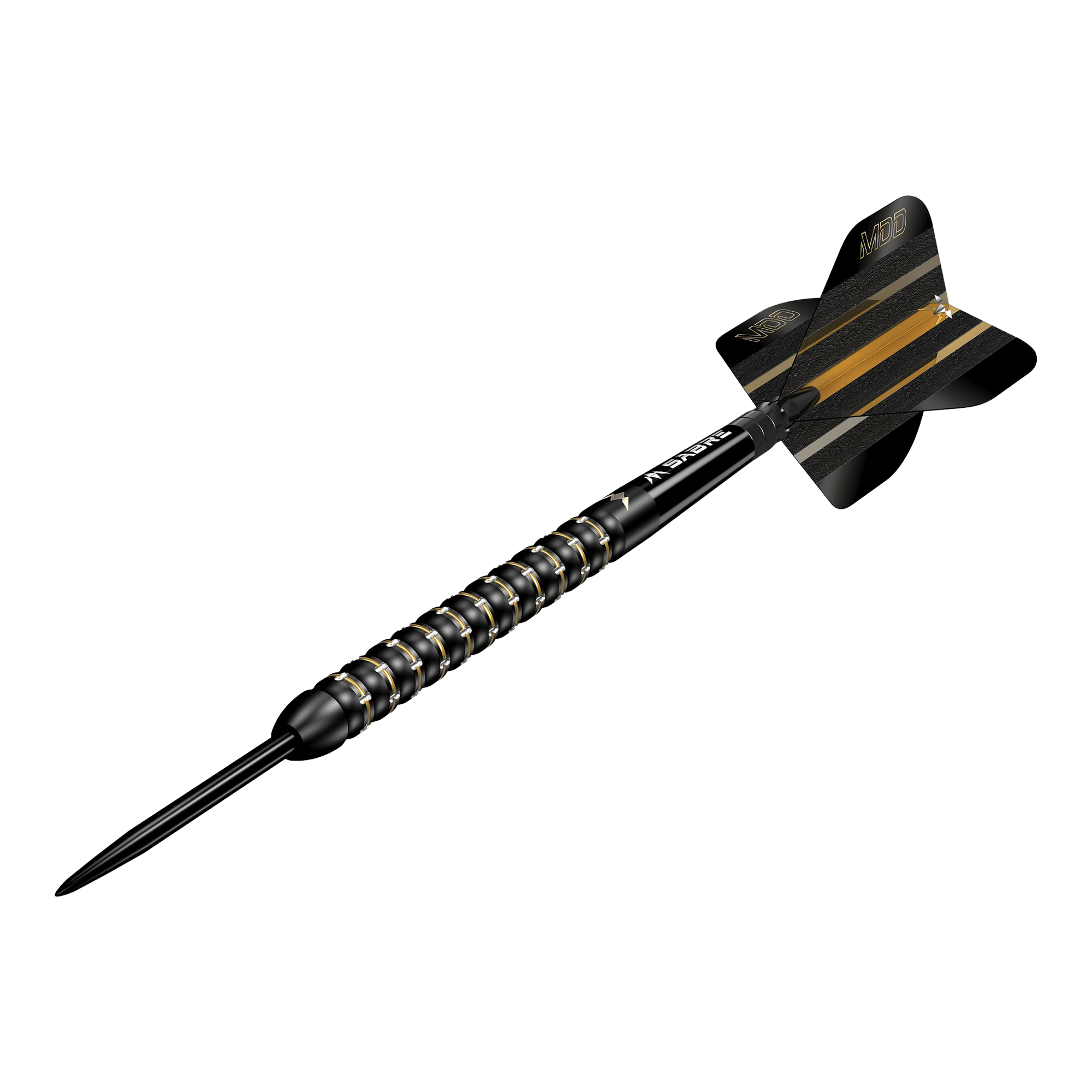 Dies ist ein Steeldartpfeil des Modells "Mission Mike De Decker MDD Black Gold". Der Pfeil ist schwarz mit goldenen Akzenten und hat eine strukturierte Griffzone.