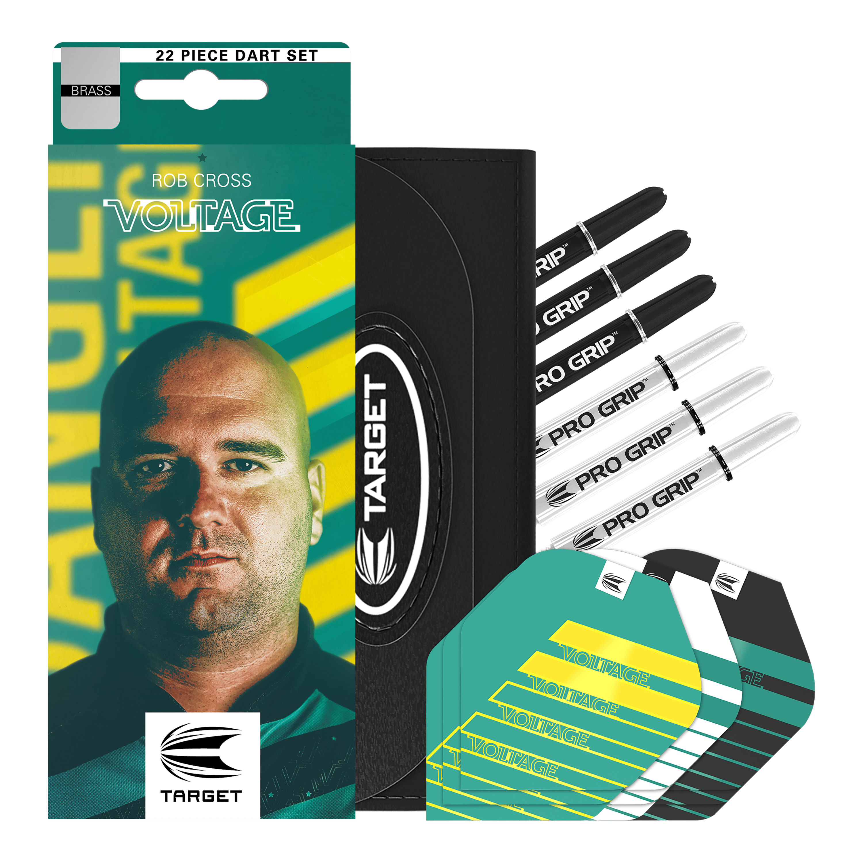 Target Rob Cross Brass Steeldarts - 22g Auf dem Bild ist das Produkt "Target Rob Cross Brass Steeldarts - 22g" zu sehen. Die Verpackung zeigt das Gesicht von Rob Cross sowie mehrere Zubehörteile wie Flights und Shafts.