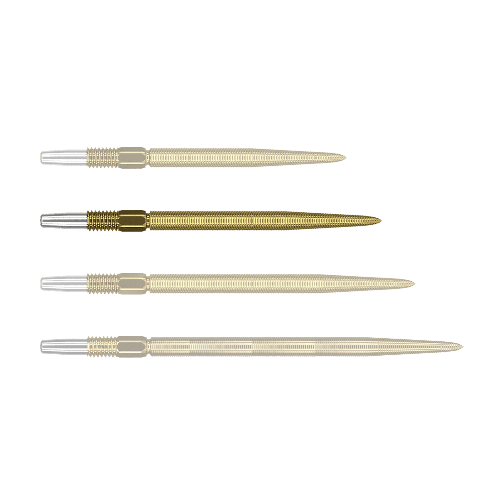 Puntas para dardos Target Swiss Point Nano - Oro Das Bild zeigt vier goldene Dartspitzen mit silbernem Befestigungsende, die nebeneinander liegen. Die Spitzen sind gleich lang und haben eine feine Riffelung entlang der gesamten Länge.