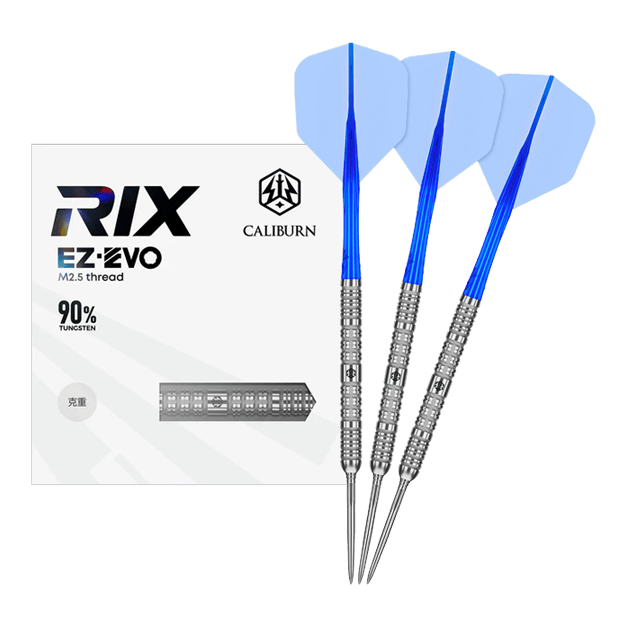 Ocelové šipky Caliburn Rix EZ-EVO R1 Das Bild zeigt das vollständige Set der Caliburn Rix EZ-EVO R1 Steeldarts. Es handelt sich um professionelle Steeldarts für ambitionierte Spieler.