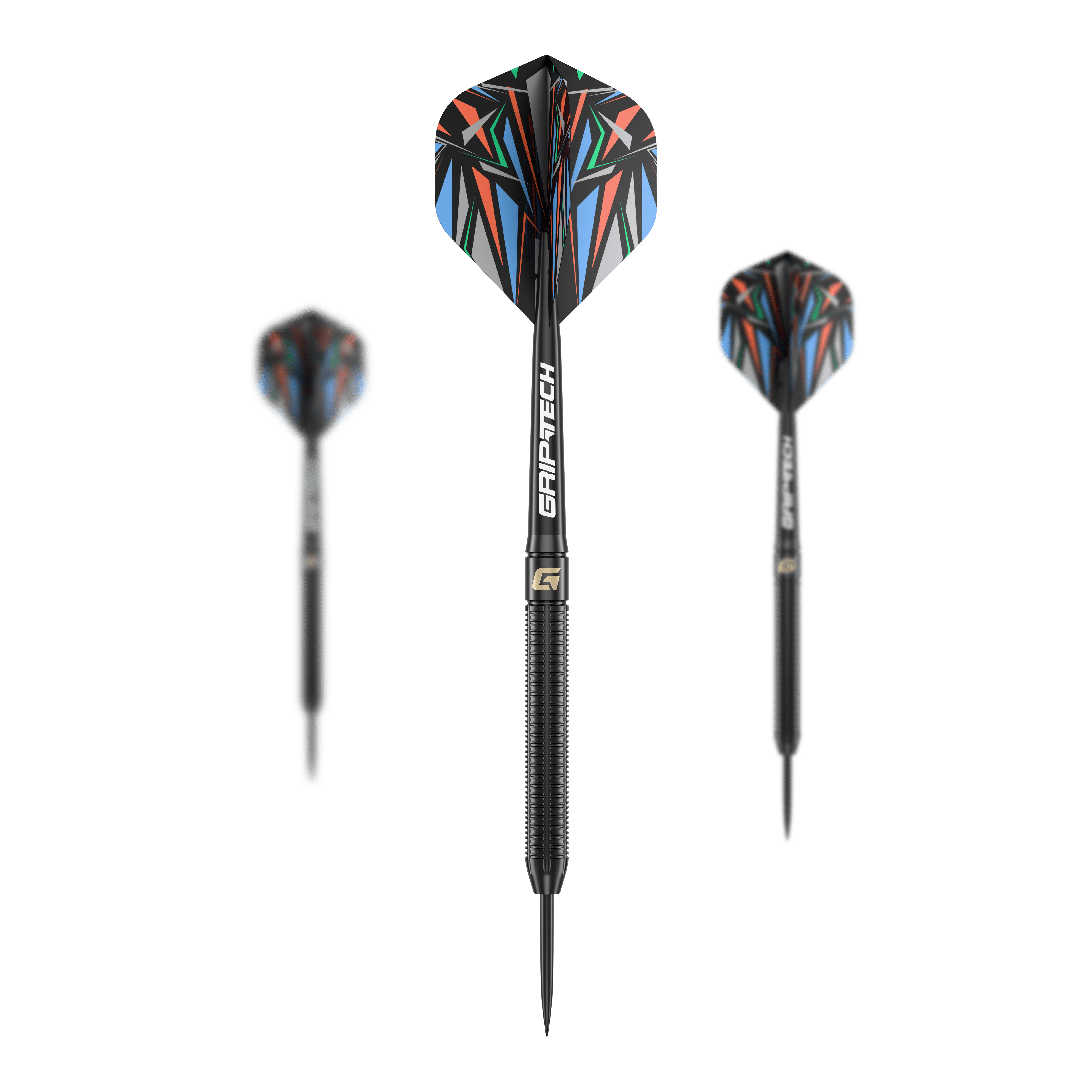 Freccette in acciaio GOAT Athlete in ottone nero - 13 g Das Bild zeigt drei schwarze Steeldarts mit farbenfrohen Flights und der Aufschrift "GRIP-TECH". Es handelt sich um das Produkt "GOAT Athlete Black Brass Steeldarts - 13g".