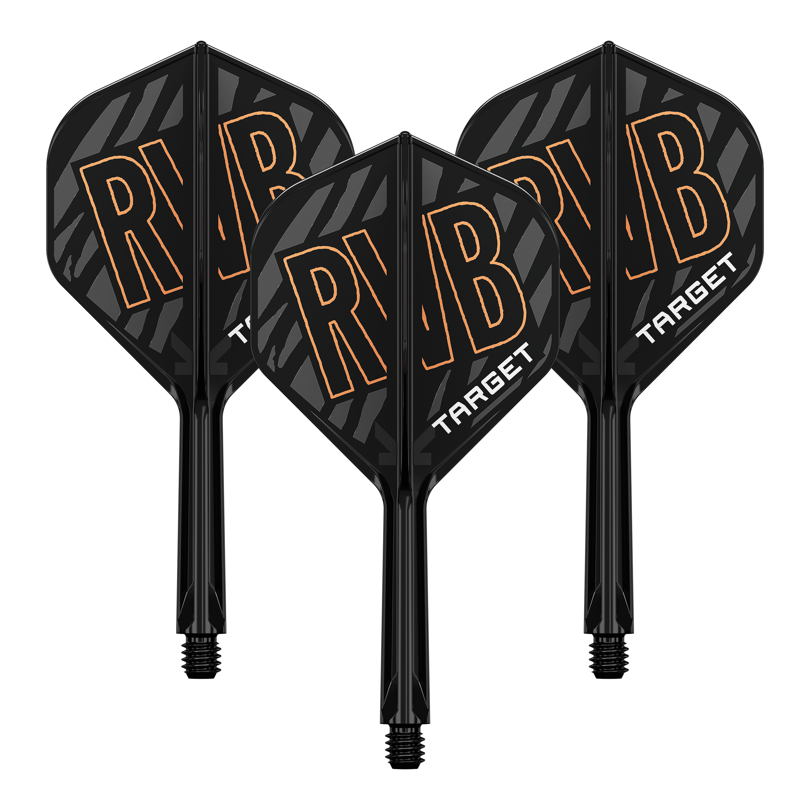 Auf dem Bild sind drei schwarze Dart-Flights mit der Aufschrift "RVB" und "TARGET" zu sehen. Die Flights haben ein schwarzes, gestreiftes Design mit orangefarbenen Buchstaben.