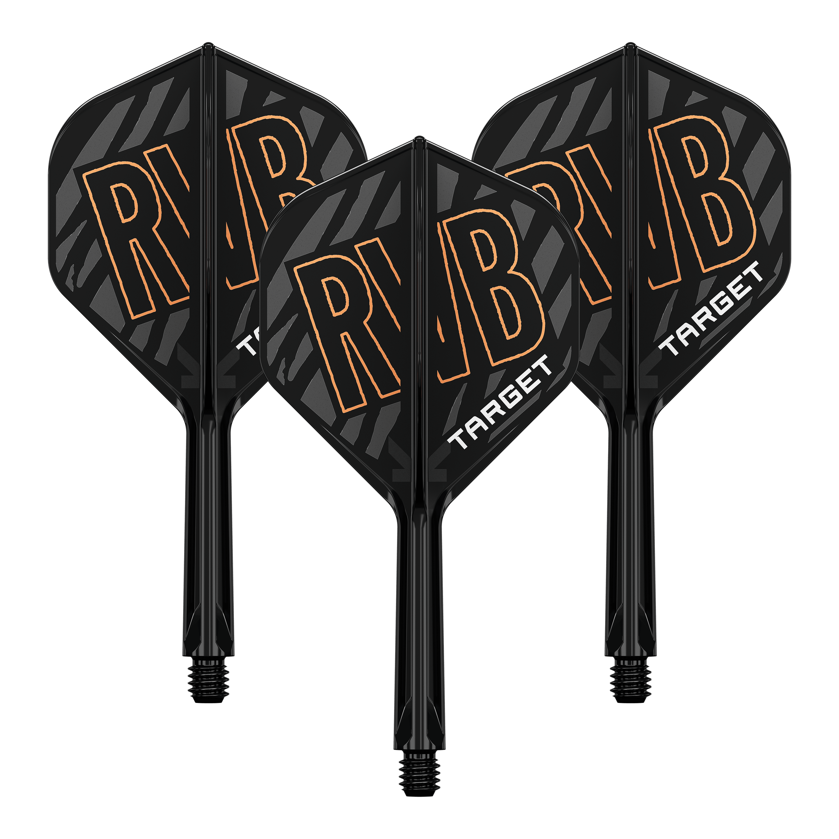 Target K-Flex Raymond Van Barneveld No2 Standard Flight Shaft System Auf dem Bild sind drei schwarze Dart-Flights mit der Aufschrift "RVB" und "TARGET" zu sehen. Die Flights haben ein schwarzes, gestreiftes Design mit orangefarbenen Buchstaben.