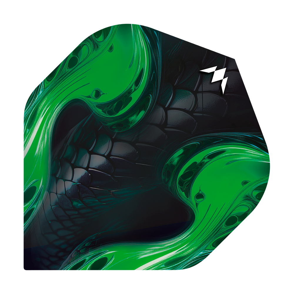 Standardní lety Mission Solo Venom No2 Das Bild zeigt ein Dartflight mit schwarzem, schuppigem Muster und leuchtend grünen Akzenten. In der oberen rechten Ecke befindet sich ein weißes Logo.