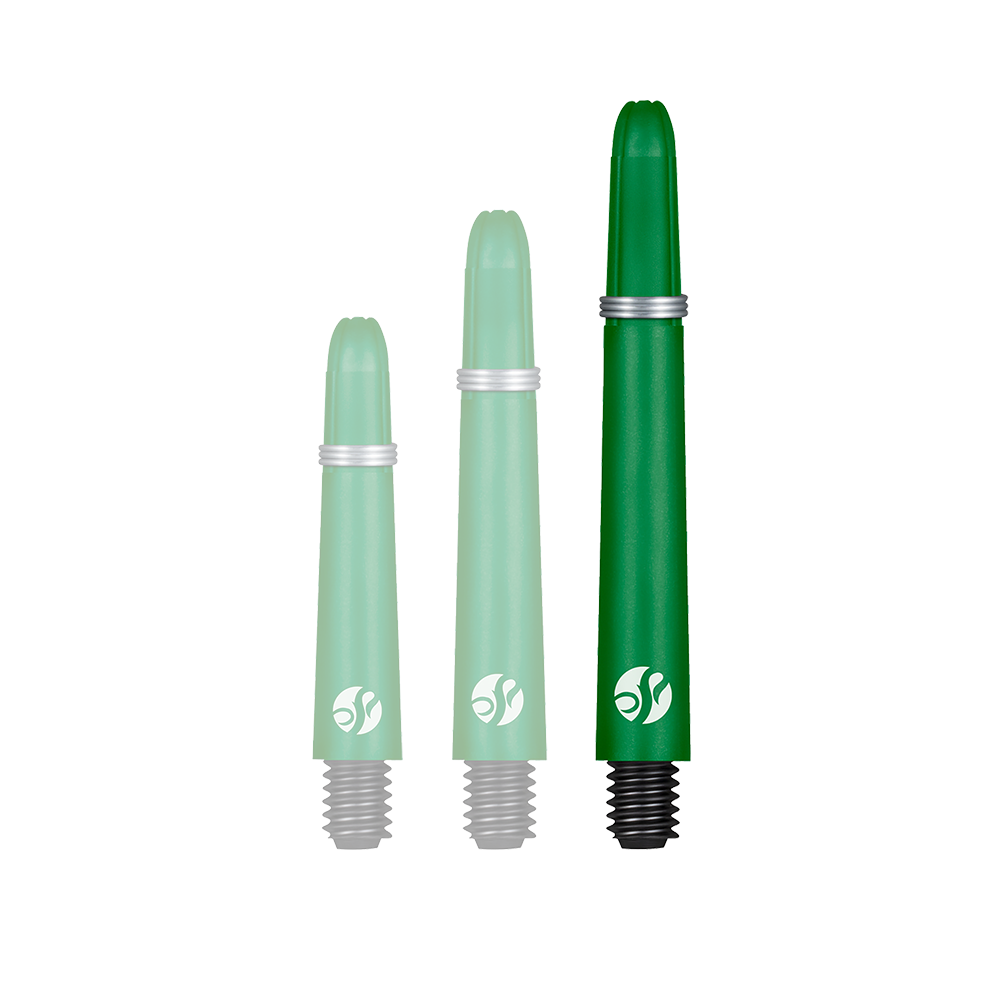 Shot Koi Carbon Shafts - Grün Ein Dart-Schaft wird einzeln präsentiert. Der Hals ist markant ausgeführt.