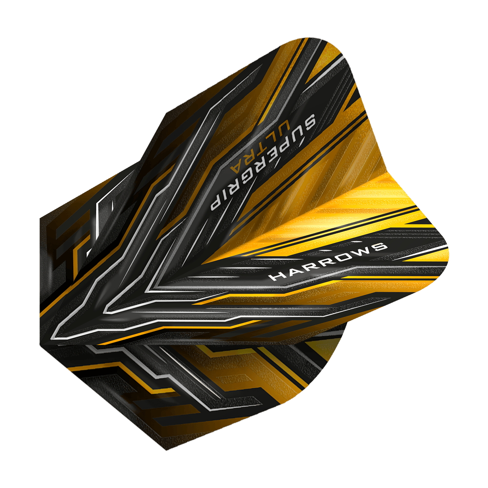 HR12_Harrows_Supergrip_Ultra_Sunset_Gold_Standard_Flights_2 Das Bild zeigt ein Harrows Supergrip Ultra Sunset Gold Standard Flight für Darts. Das Flight ist in Schwarz, Gold und Silber gestaltet und trägt die Aufschriften "SUPERGRIP ULTRA" und "HARROWS".