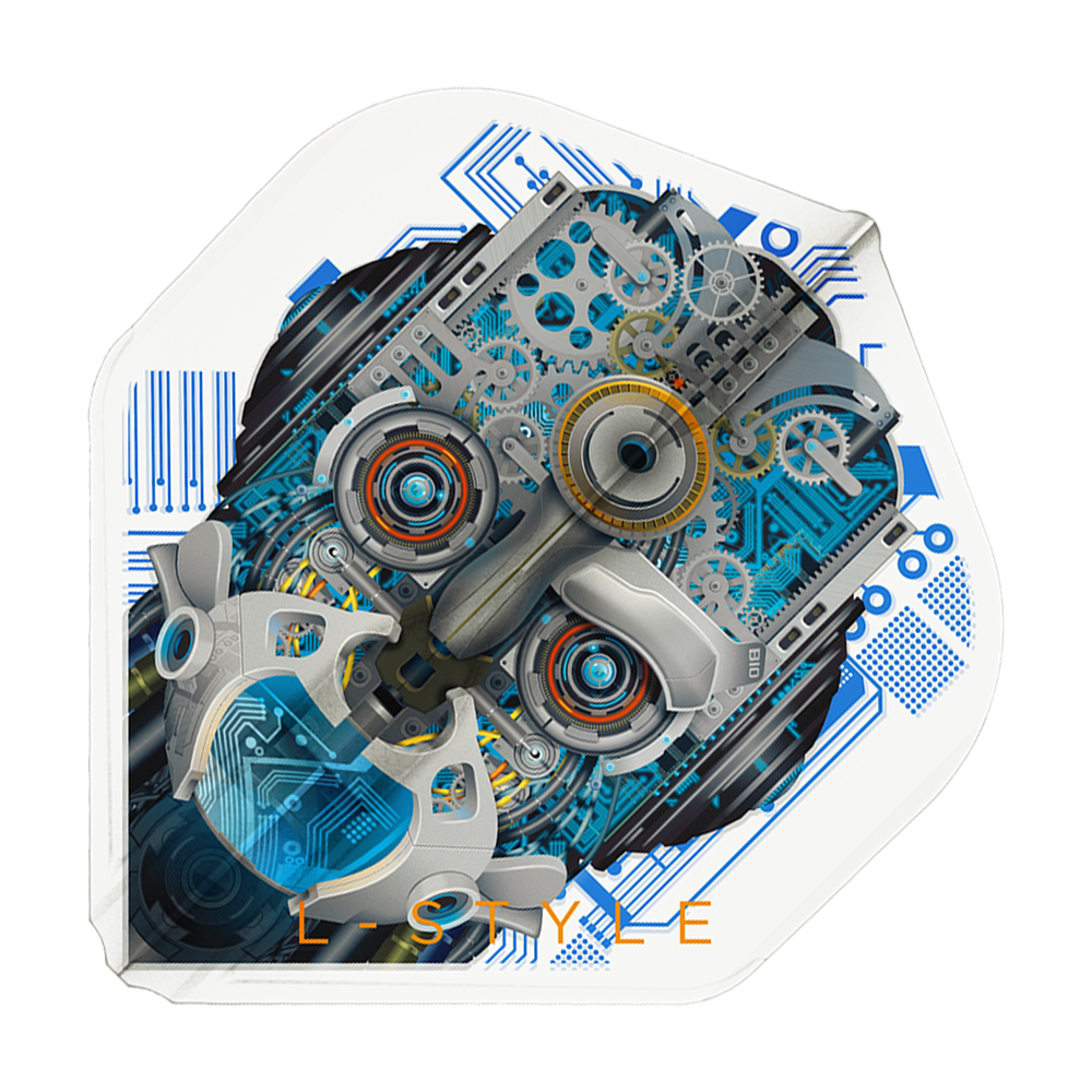 Letenky Berry Van Peer V3 Clear White L1EZ ve stylu L Das Bild zeigt ein Dartflight mit einem detaillierten, mechanischen Roboterkopf auf weißem Hintergrund. Unten ist der Schriftzug "L-STYLE" in orange zu sehen.