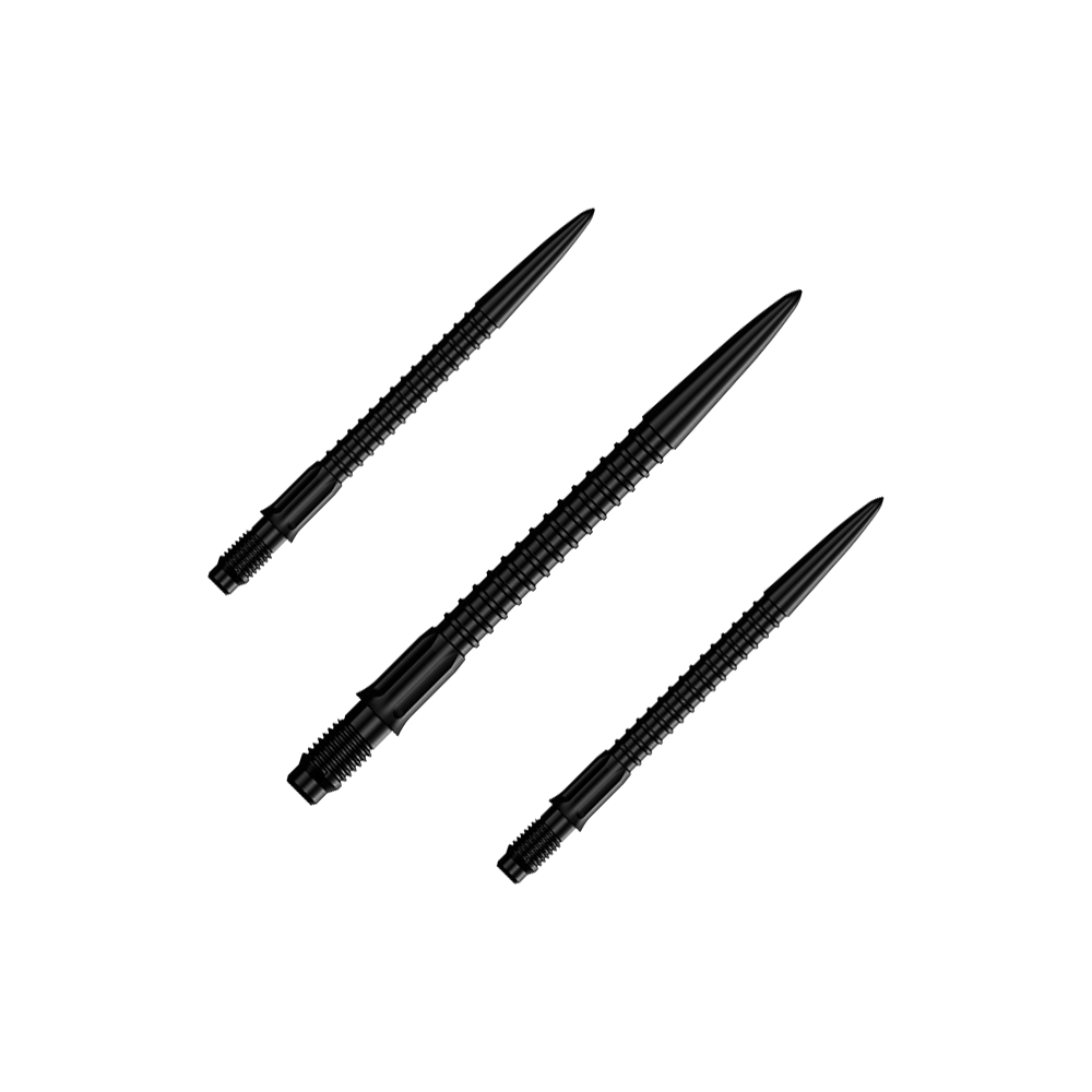 Mission R2.5 Rapid Point GV1 Dartspitzen - Schwarz Ein Set schwarzer Dartspitzen ist abgebildet. Die Spitzen sind für Darts und 30 mm lang.