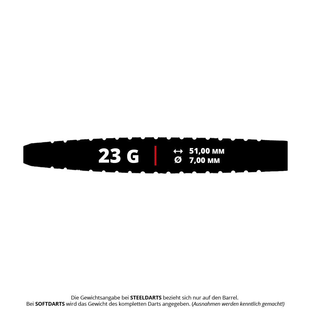 Dardos Dynasty Fallon Sherrock 4 AFlow BK de acero - Con autógrafo - 23 g Das Bild zeigt einen Dart-Barrel mit den Angaben 23 Gramm Gewicht, 51,00 mm Länge und 7,00 mm Durchmesser. Unten steht eine Information, dass sich das Gewicht bei Steeldarts nur auf den Barrel bezieht.