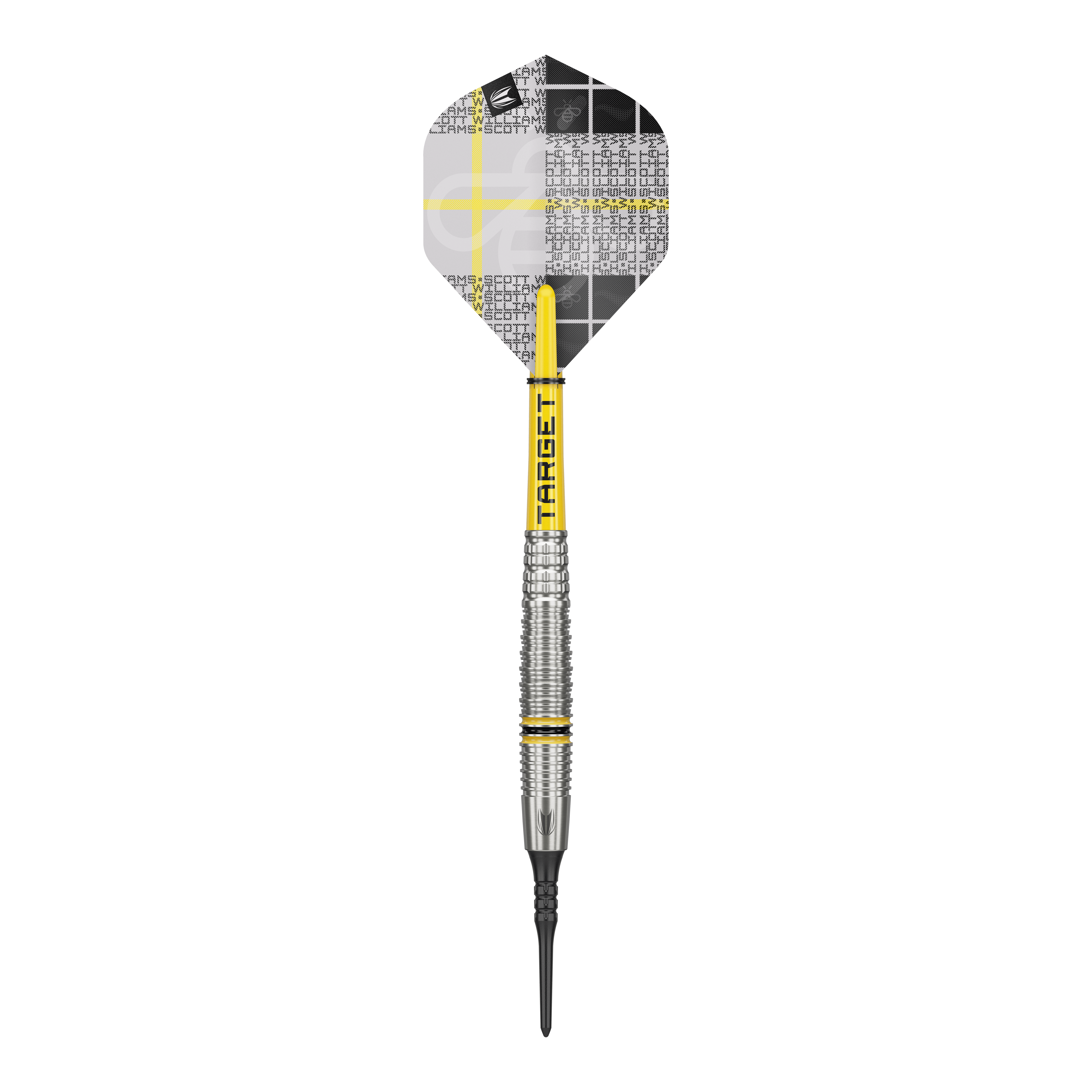 Dardos blandos Target Scott Williams GEN2 - 18 g Das Bild zeigt einen Target Scott Williams GEN2 Softdart mit einem Gewicht von 18g. Der Dart hat gelbe Akzente und ein modernes, silberfarbenes Barrel-Design.