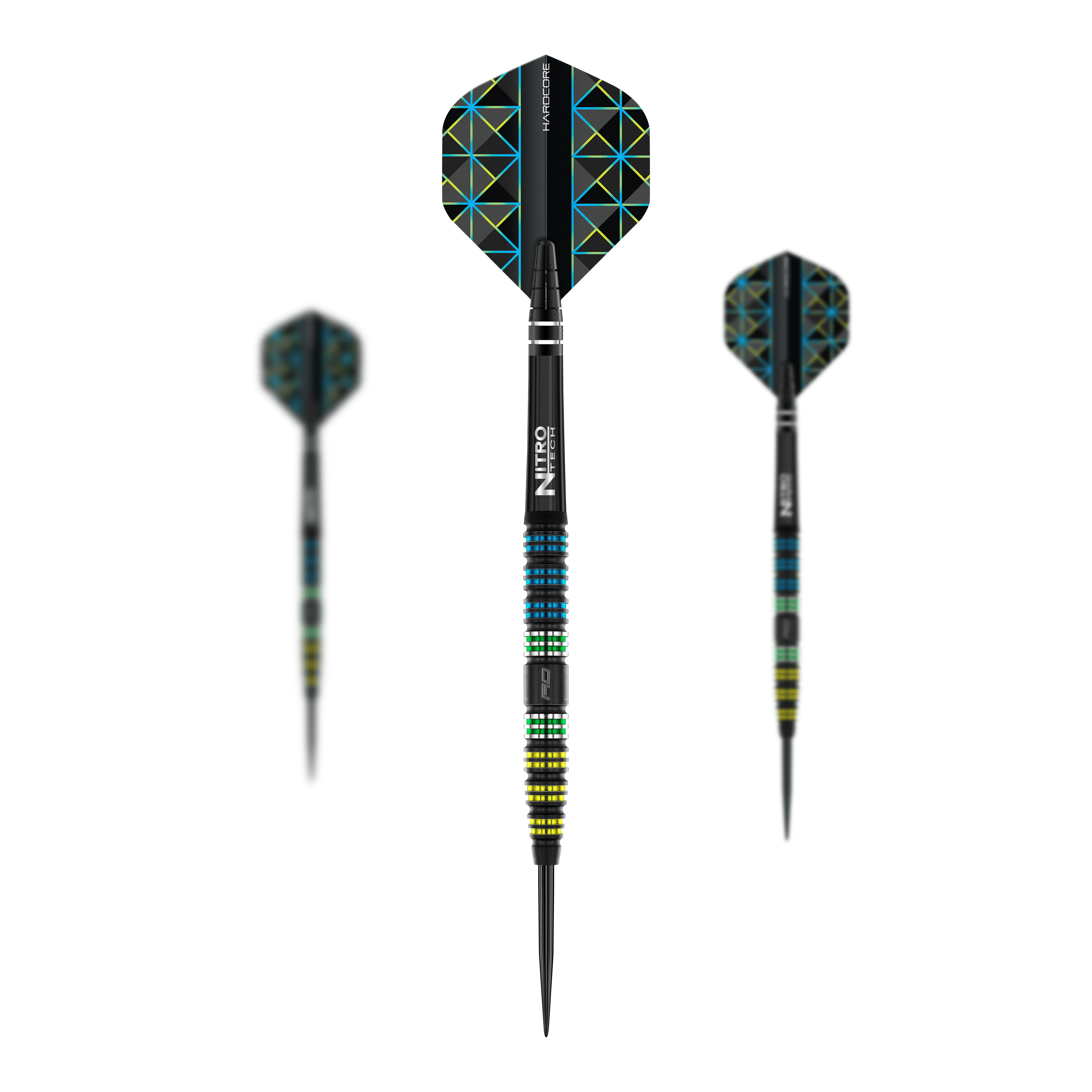 Šipky Red Dragon Dragon 95 černé, zúžené, ocelové Auf dem Bild sind drei Steeldarts des Modells "Red Dragon Dragonfly 95 Black Tapered" zu sehen. Die Darts haben ein schwarzes, bunt gemustertes Design mit farbigen Ringen am Griff und geometrischen Mustern auf den Flights.