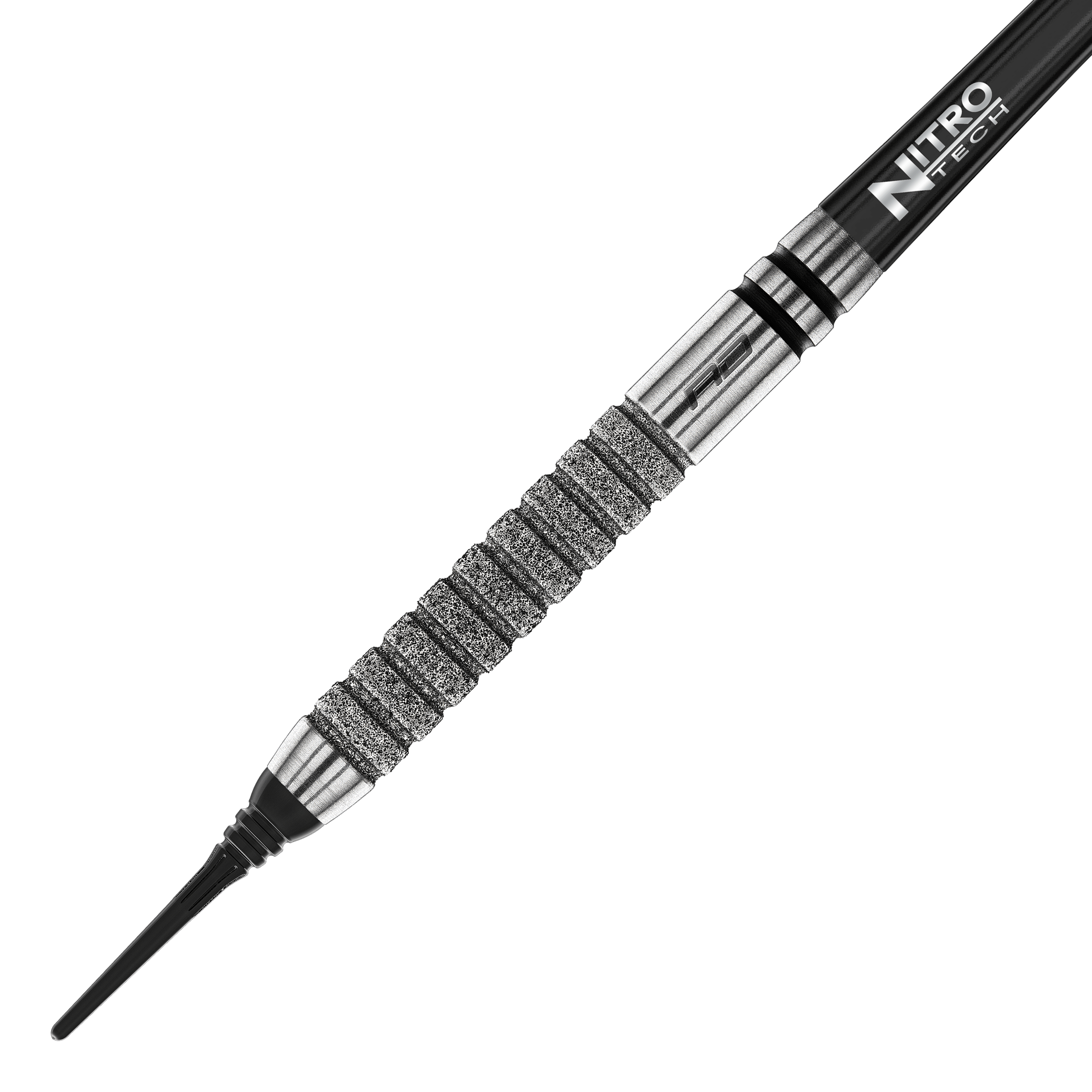 Dardos blandos Red Dragon Gian Van Veen Tour Edition - 20 g Das Bild zeigt einen Red Dragon Gian Van Veen Tour Edition Softdart mit einem Gewicht von 20g. Der Dartpfeil hat eine silberne, stark gerillte Griffzone und einen schwarzen Schaft mit der Aufschrift "Nitro Tech".
