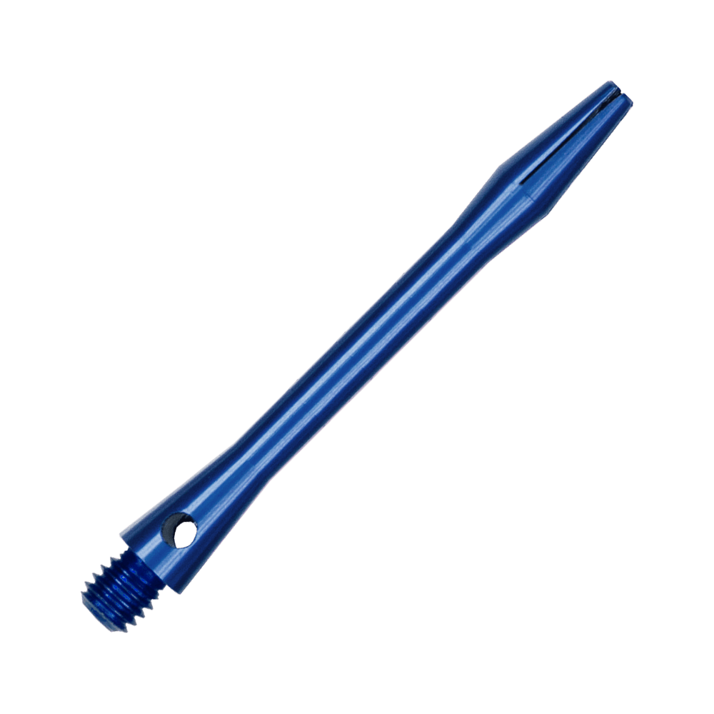 514_Aluminium_Shafts_Blau_46mm_2 Das Bild zeigt einen blauen Aluminiumschaft mit einem Gewinde an einem Ende. Der Schaft ist schmal und hat eine glänzende, metallische Oberfläche.
