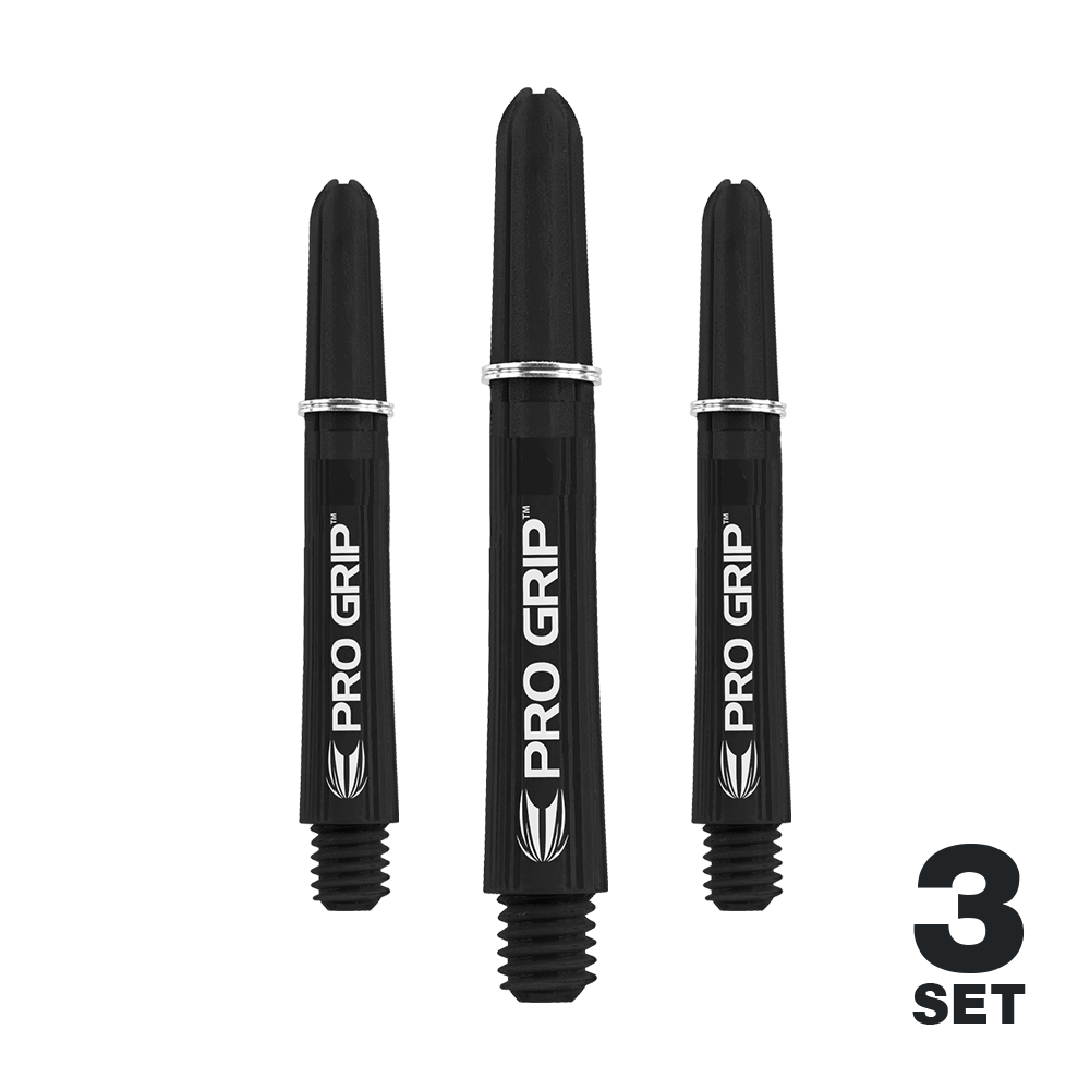 Target Pro Grip Shafts - 3 Sets - Schwarz Das Bild zeigt drei schwarze Dart-Schäfte mit der Aufschrift "PRO GRIP". In der rechten unteren Ecke steht "3 SET".