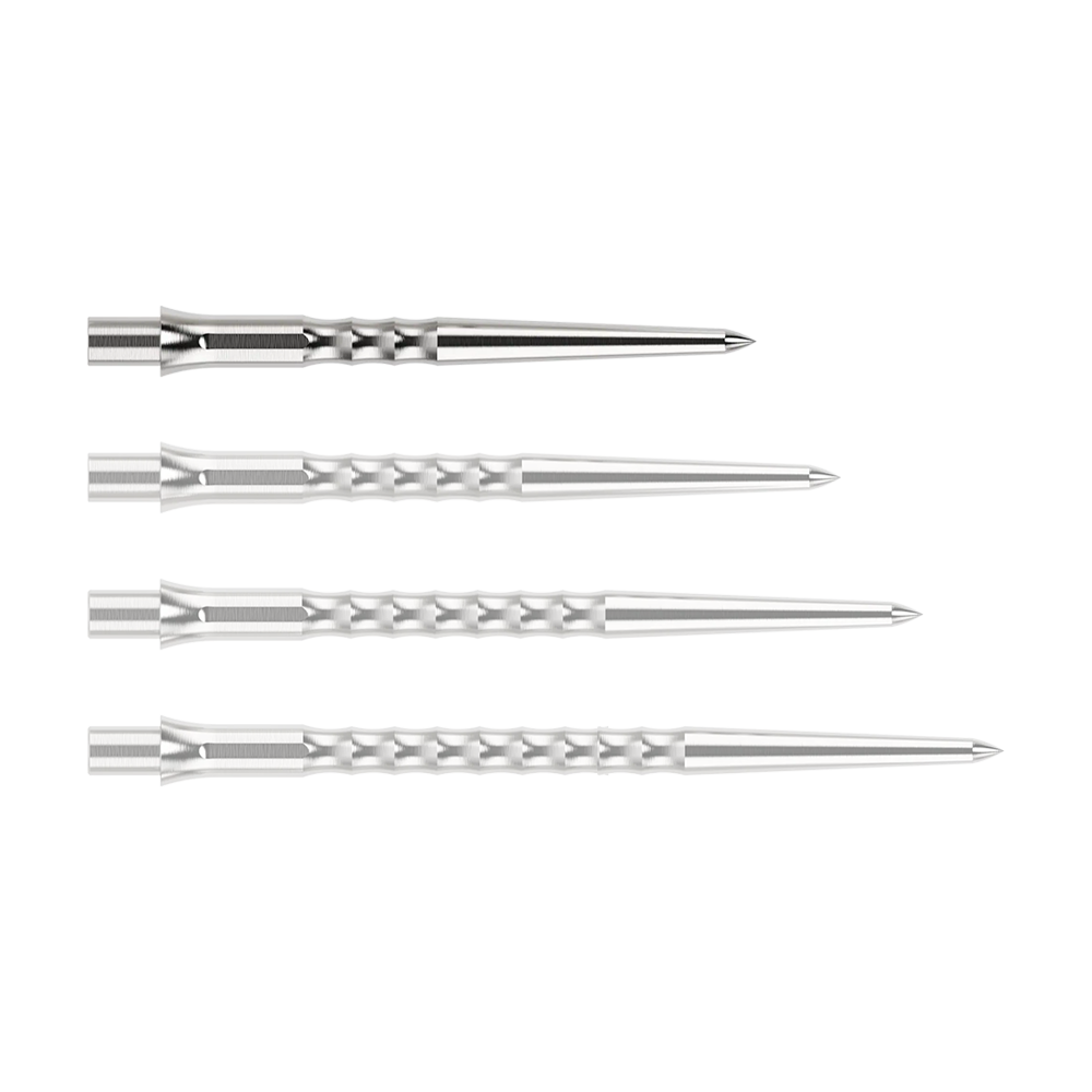 Puntas de dardos de acero Caliburn System - Ondulación - Sin labio - Plateadas Abgebildet ist eine silberne Steeldartspitze des Typs Ripple NoLip mit 28mm Länge. Die Spitze liegt frontal auf einer hellen Fläche.