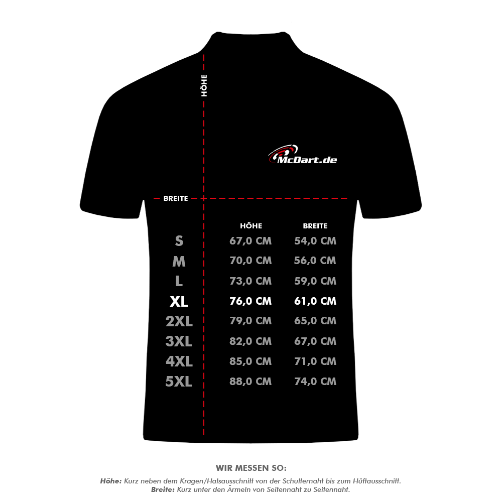HRS-26036Harrows_Paragon_Dartshirts_5_XL7mC7faQgwFwOz Das Bild zeigt eine Maßtabelle für das Produkt "Harrows Paragon Dartshirt - Blau". Es sind die Größen S bis 5XL mit den entsprechenden Angaben zu Höhe und Breite in Zentimetern dargestellt.
