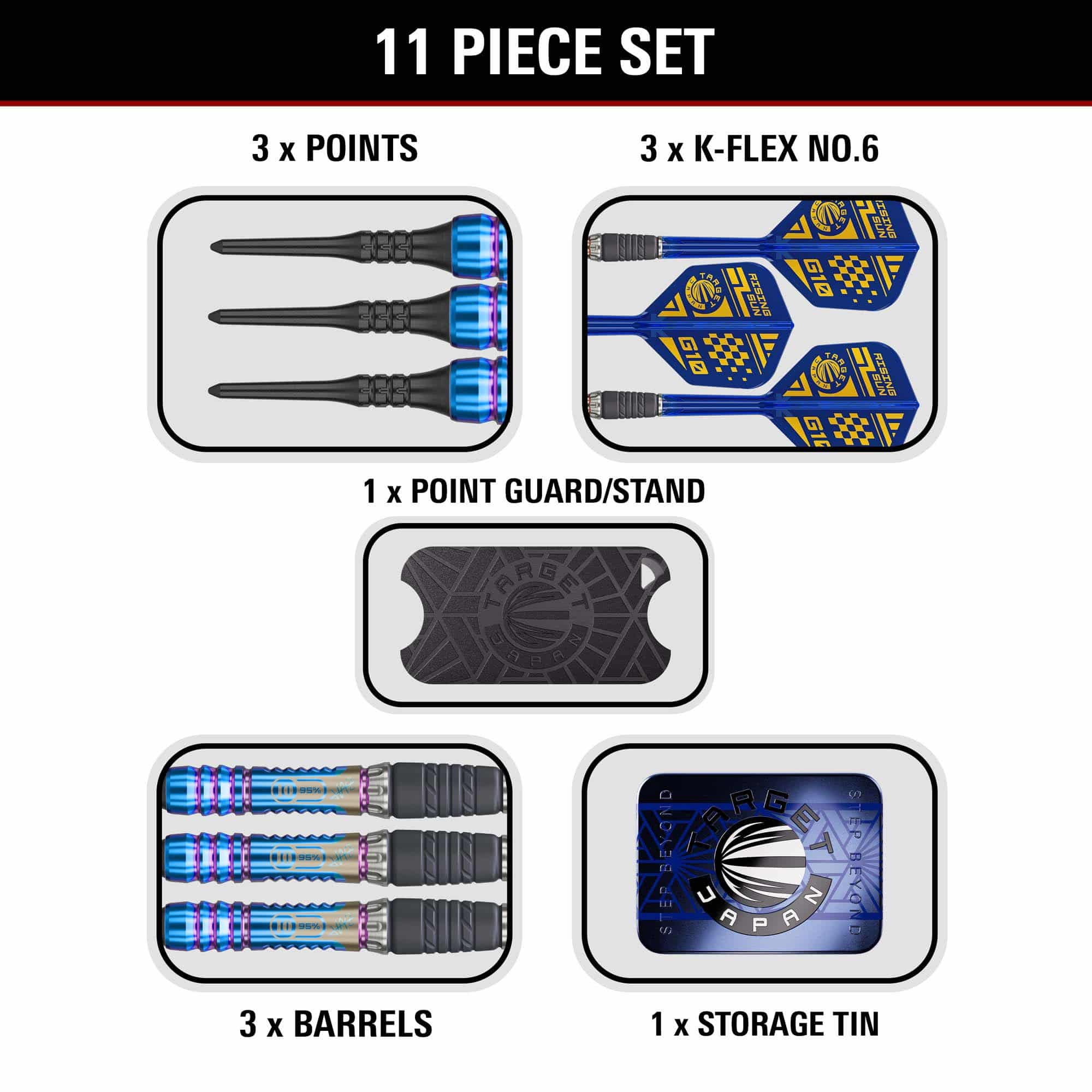 Miękkie lotki Target Japan Rising Sun GEN10 - 21,5 g Das Produkt Target Japan Rising Sun GEN10 Softdarts - 21,5g wird dargestellt. Es handelt sich um ein Set professioneller Softdarts.
