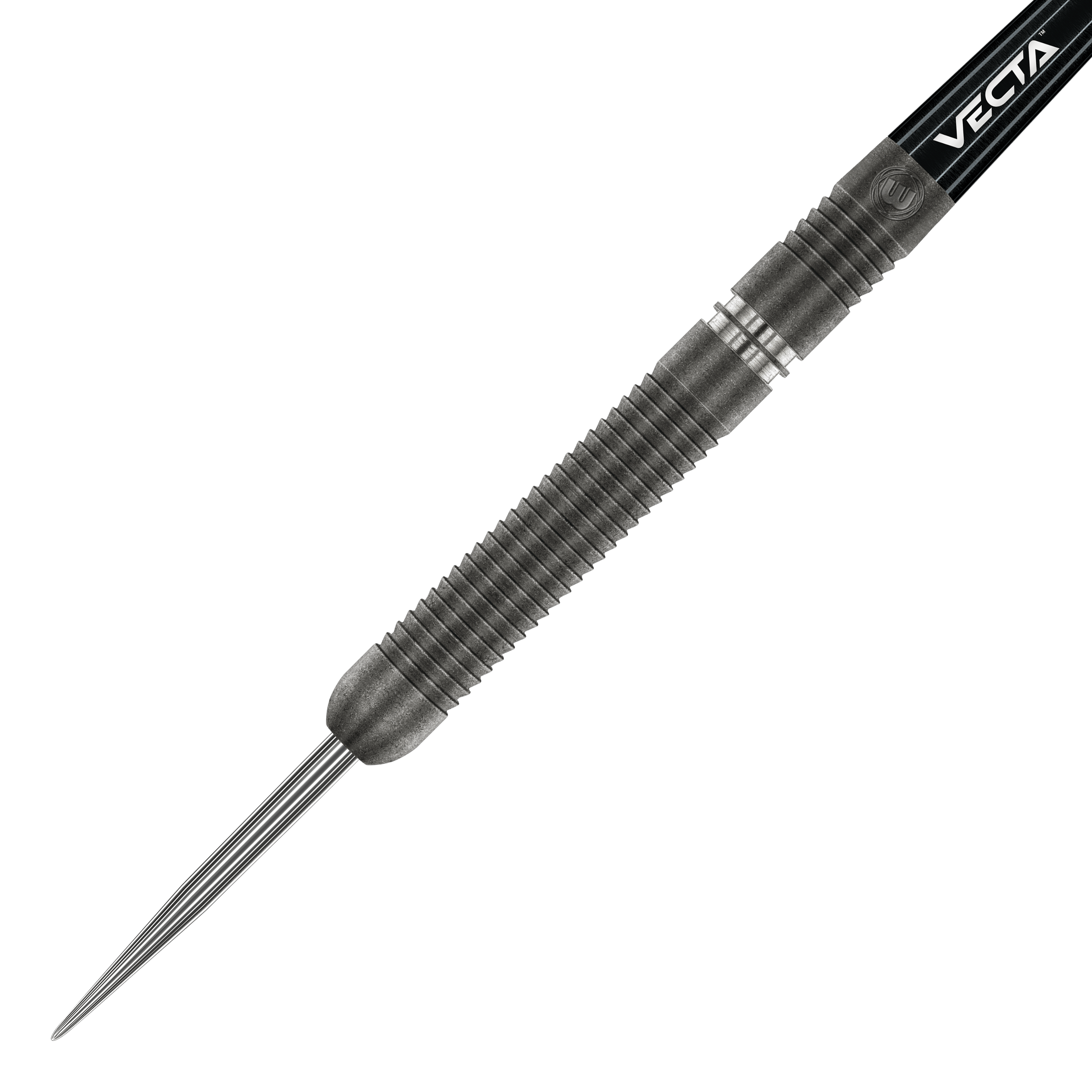 Winmau Callisto 01 Steeldarts Das Bild zeigt einen Winmau Callisto 01 Steeldart. Der Dartpfeil hat einen geriffelten, metallischen Körper und eine spitze Stahlspitze.