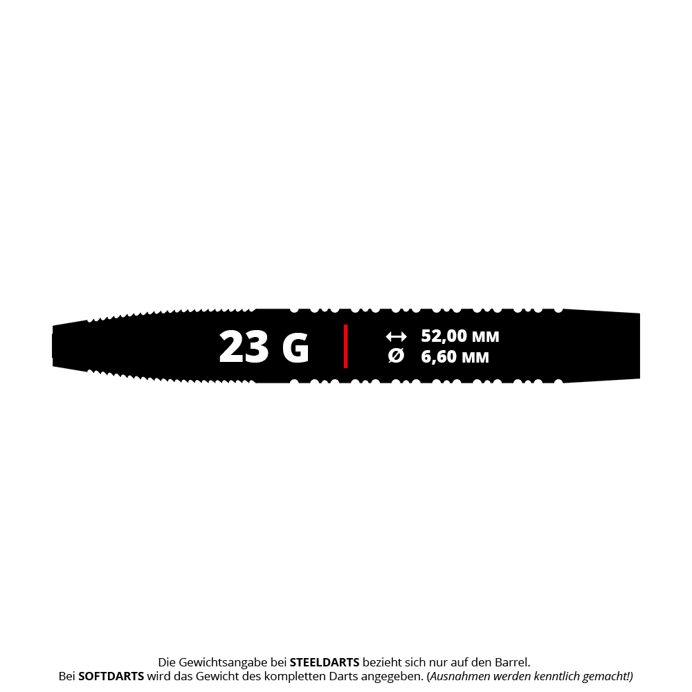Dardos de acero Jake Womack de la serie Shot Pro, 23 g Das Bild zeigt den Shot Pro Series Jake Womack Steeldart mit einem Gewicht von 23 Gramm. Der Dart hat eine Länge von 52,00 mm und einen Durchmesser von 6,60 mm.